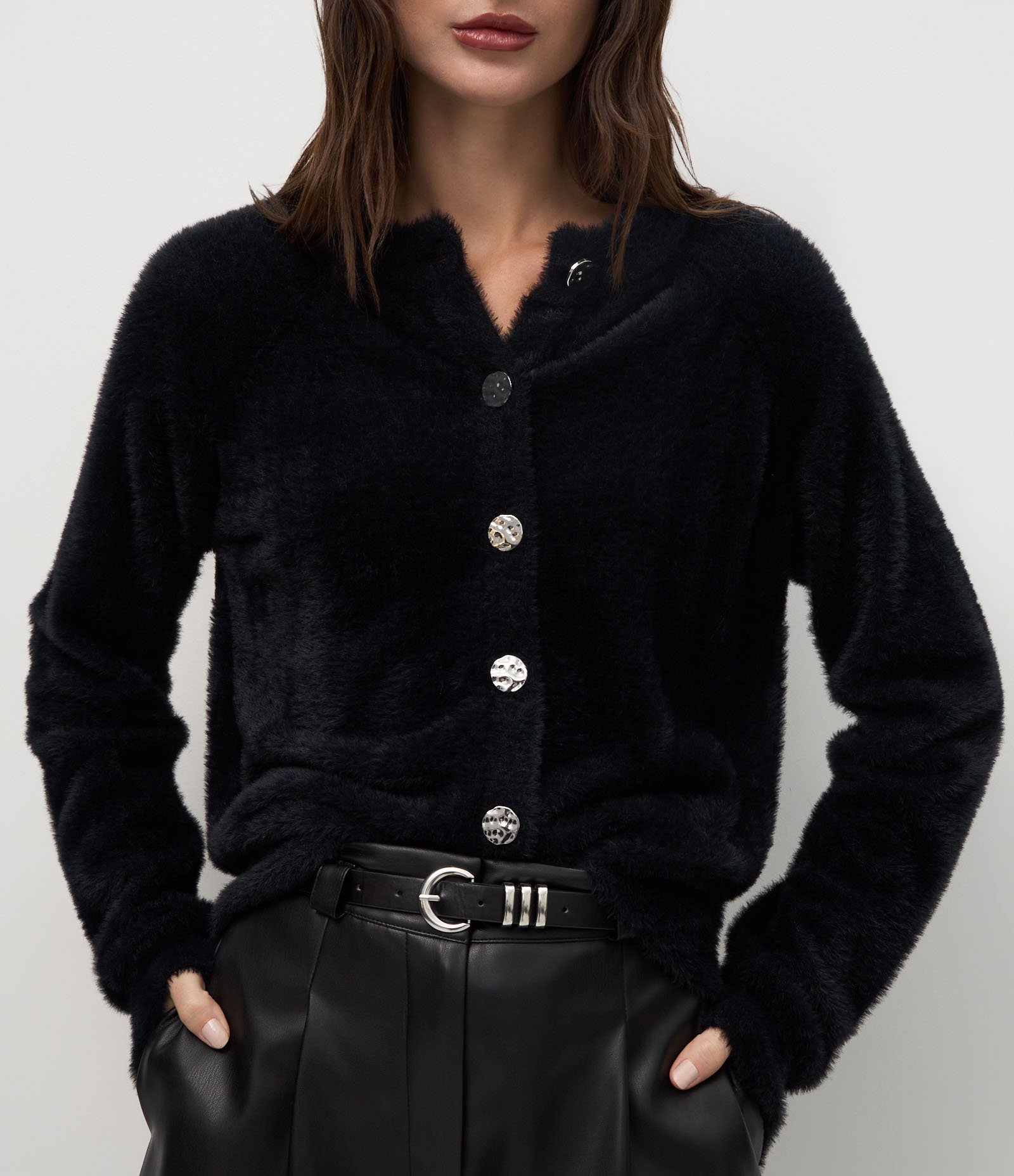 Cardigan Regular em Tricô com Textura de Pelinhos Preto 4