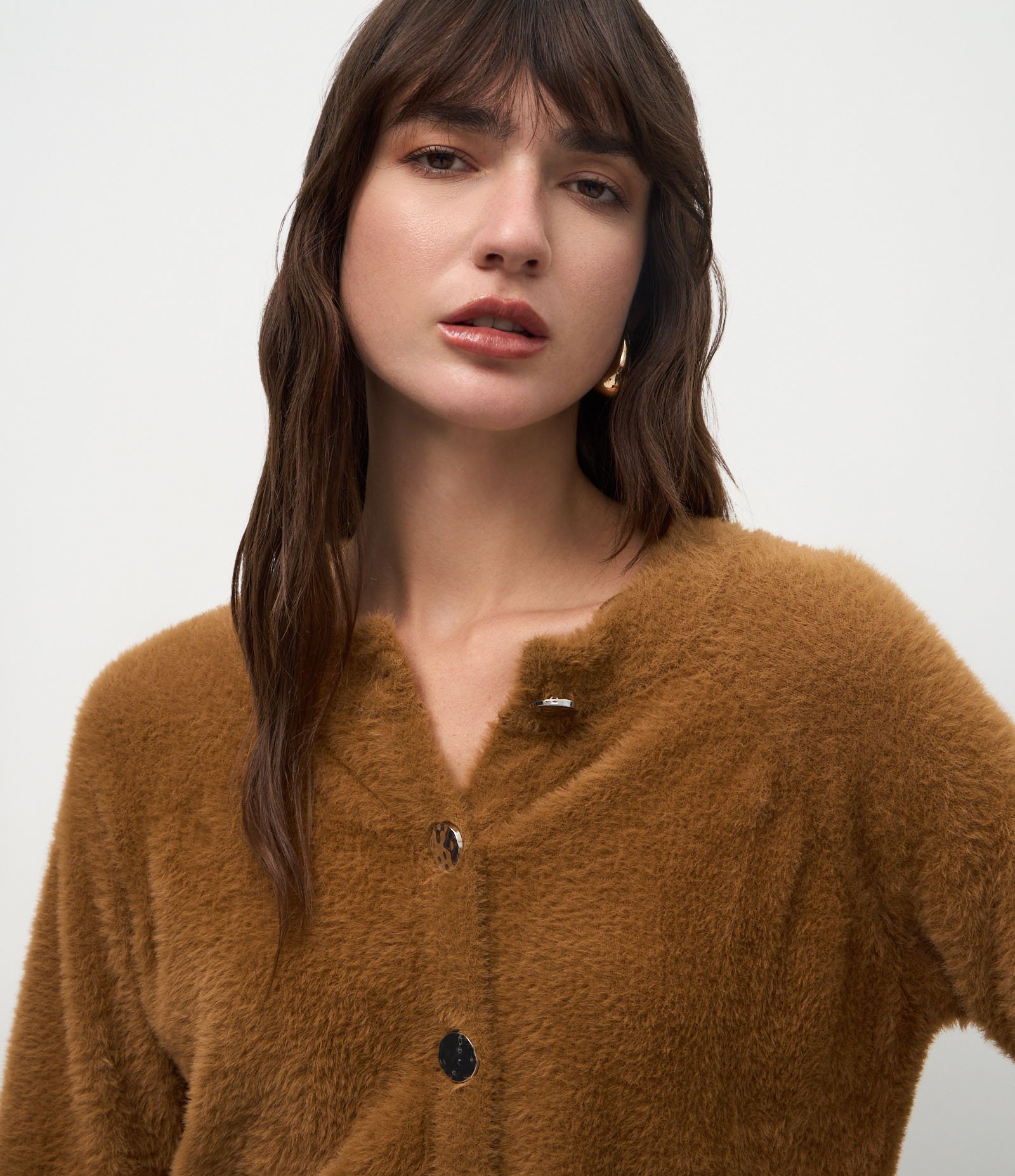 Cardigan Regular em Tricô com Textura de Pelinhos Marrom 3