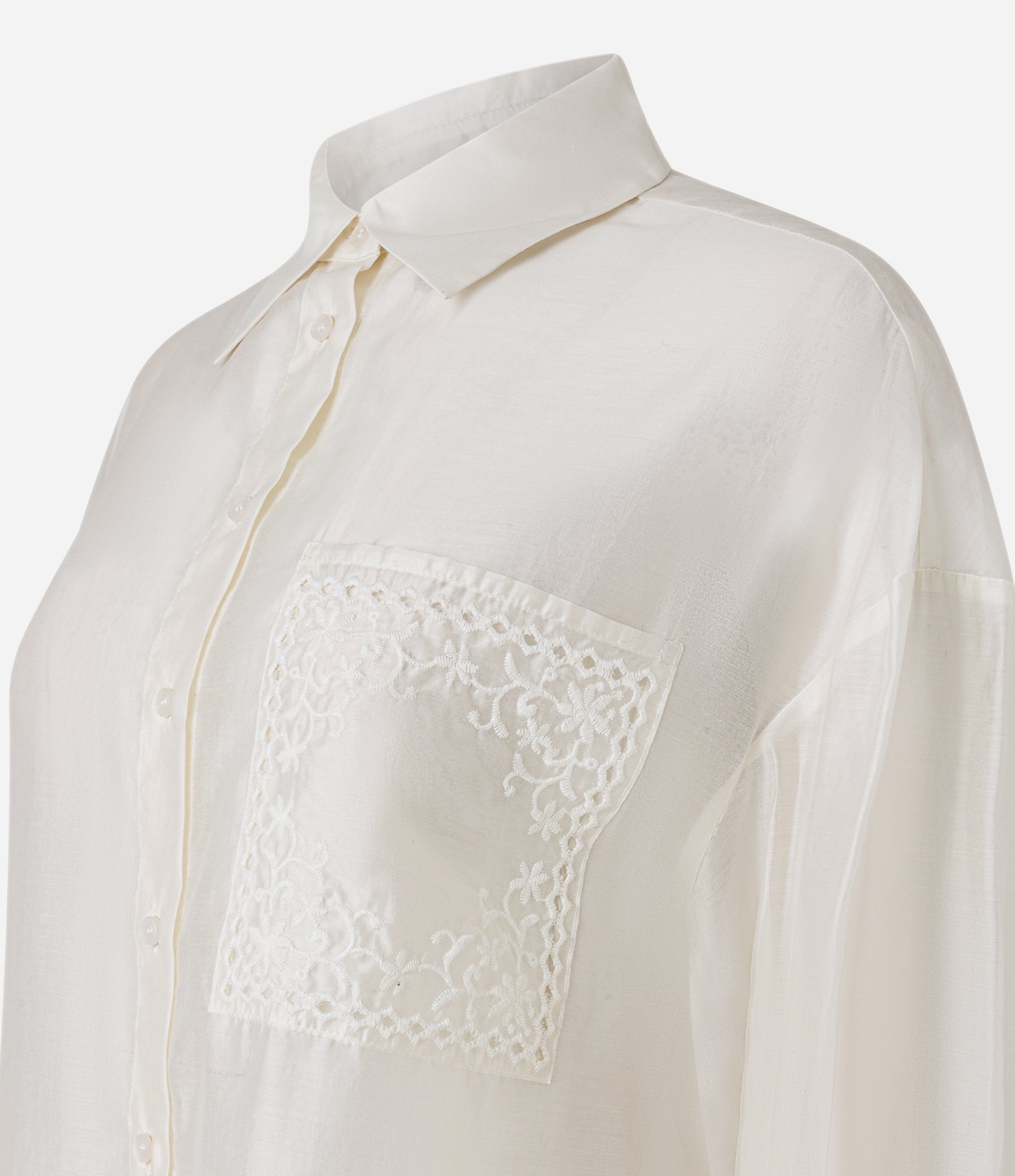 Camisa Manga Longa em Voil com Bordado no Bolso Branco 6
