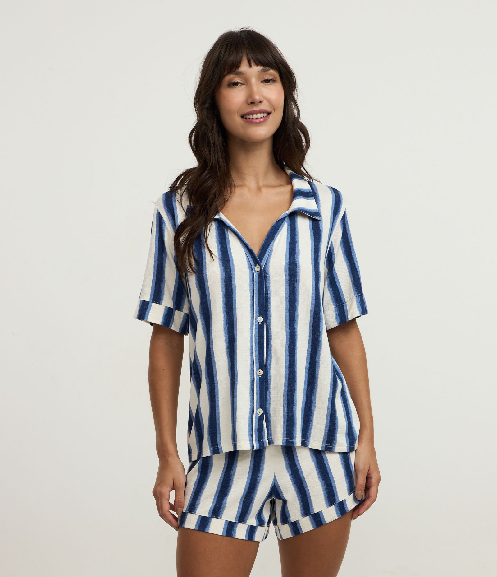Pijama Short Doll Americano em Viscolycra Listrado Azul/Branco 1