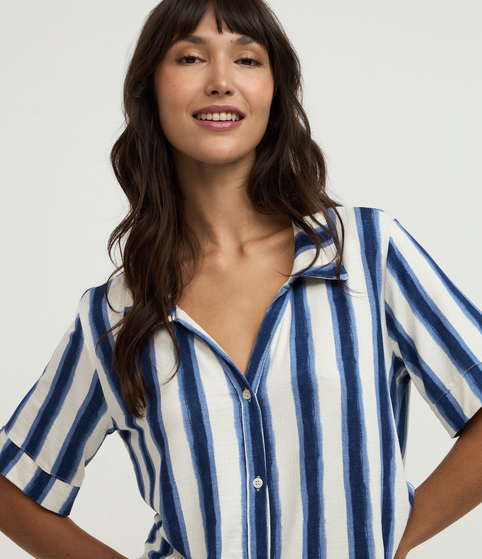 Pijama Short Doll Americano em Viscolycra Listrado Azul/Branco 2