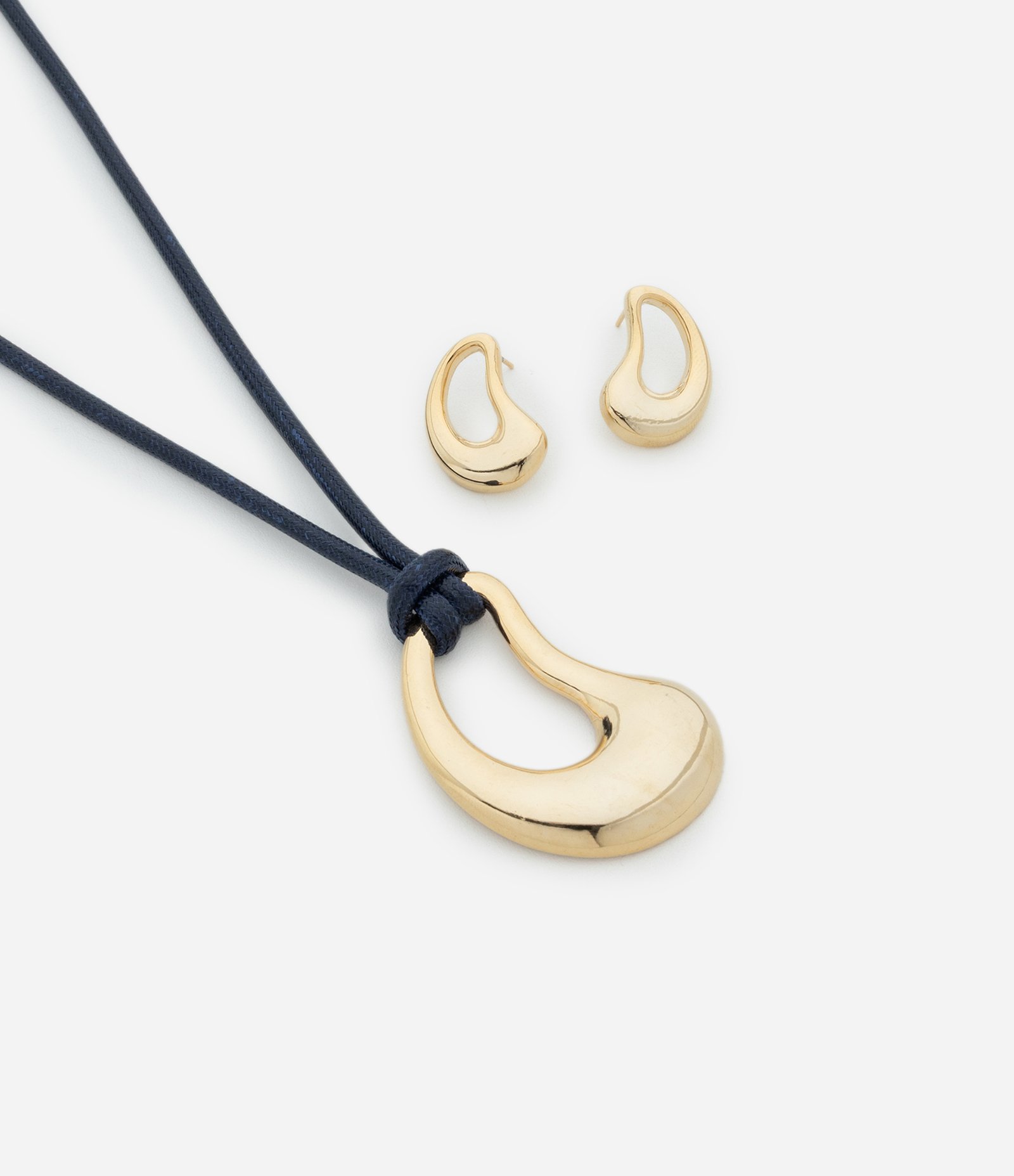 Conjunto de Colar Cordão com Pingente e Brinco Orgânico Dourado Azul 1