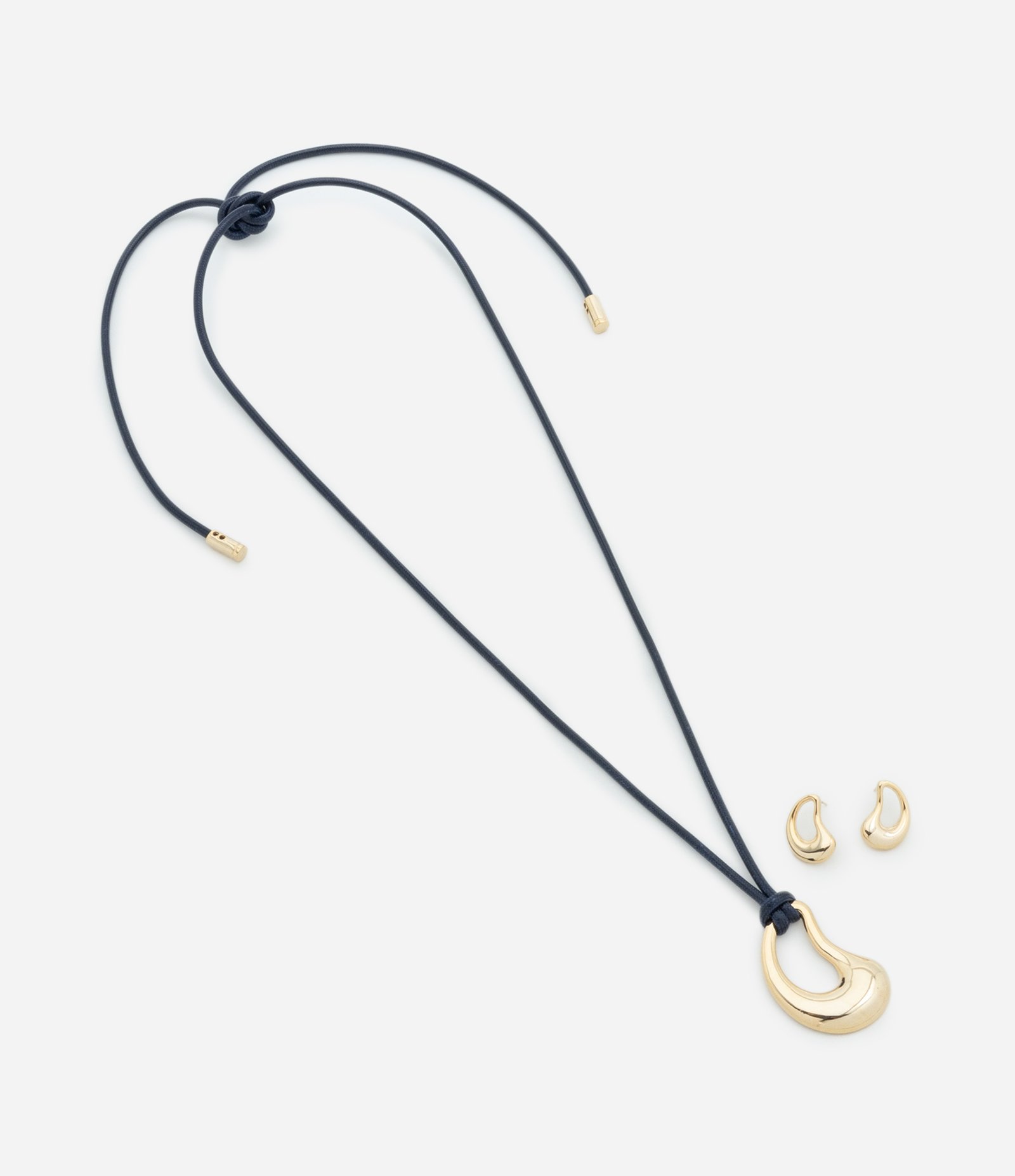 Conjunto de Colar Cordão com Pingente e Brinco Orgânico Dourado Azul 2