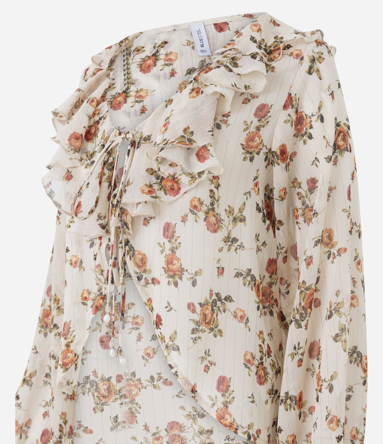 Blusa Bata em Chiffon com Babados no Decote e Estampa Floral Bege 2
