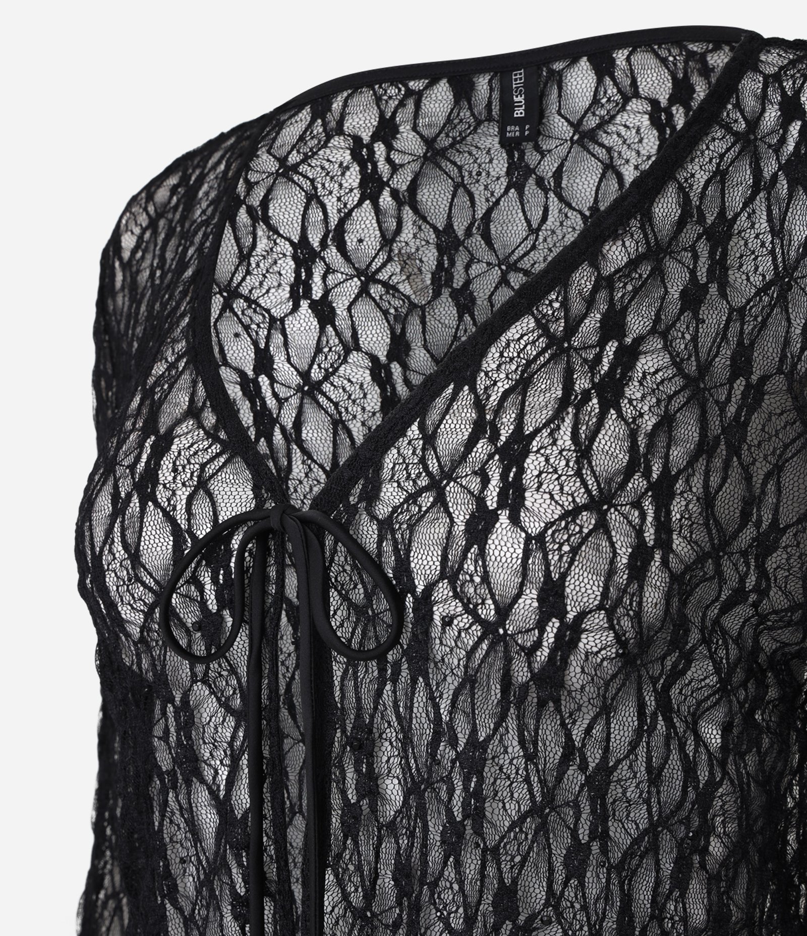 Blusa em Renda com Amarração em Laço e Brilhos Aplicados Preto 6