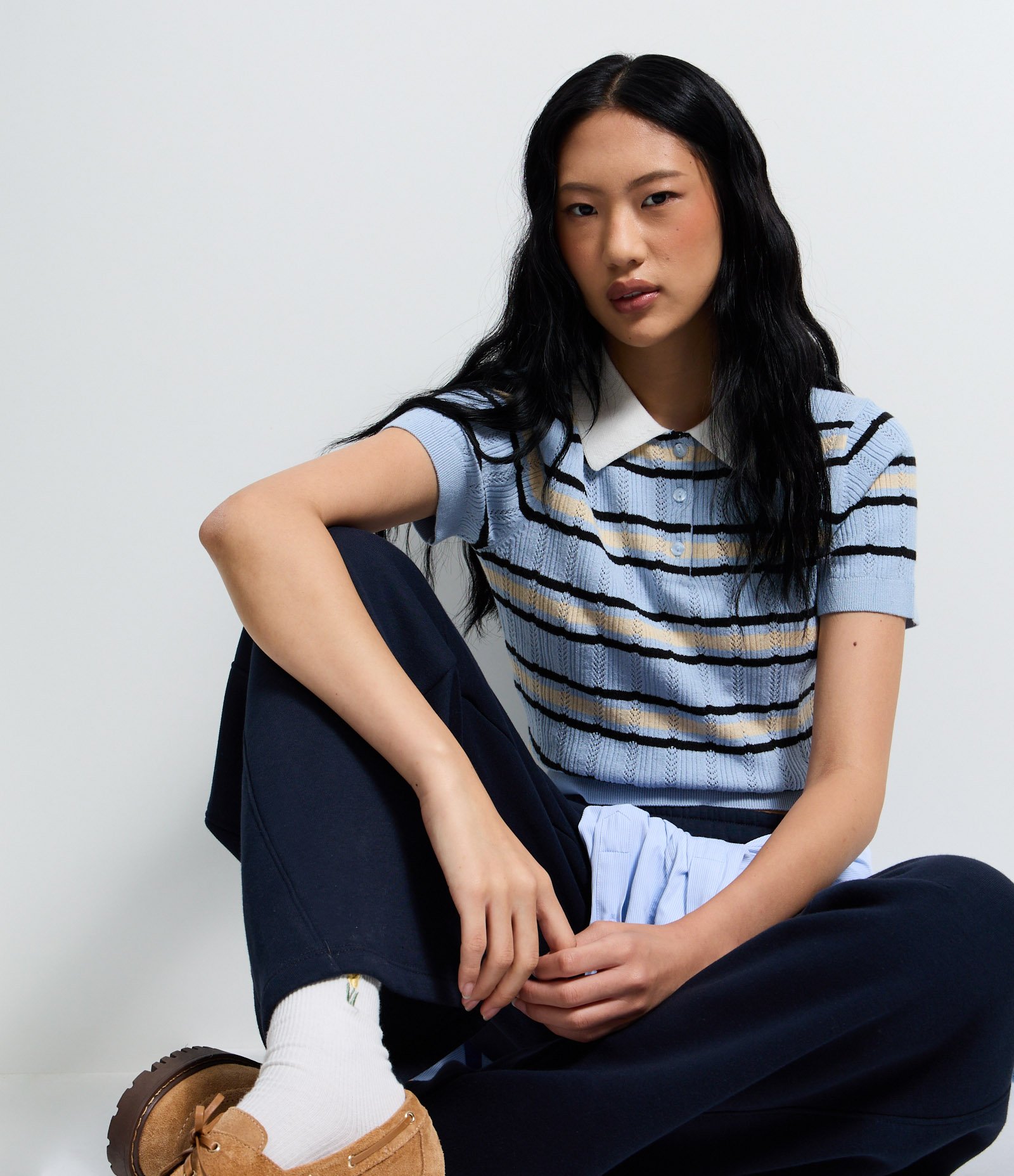 Blusa Listrado em Tricô com Gola Polo Azul 1