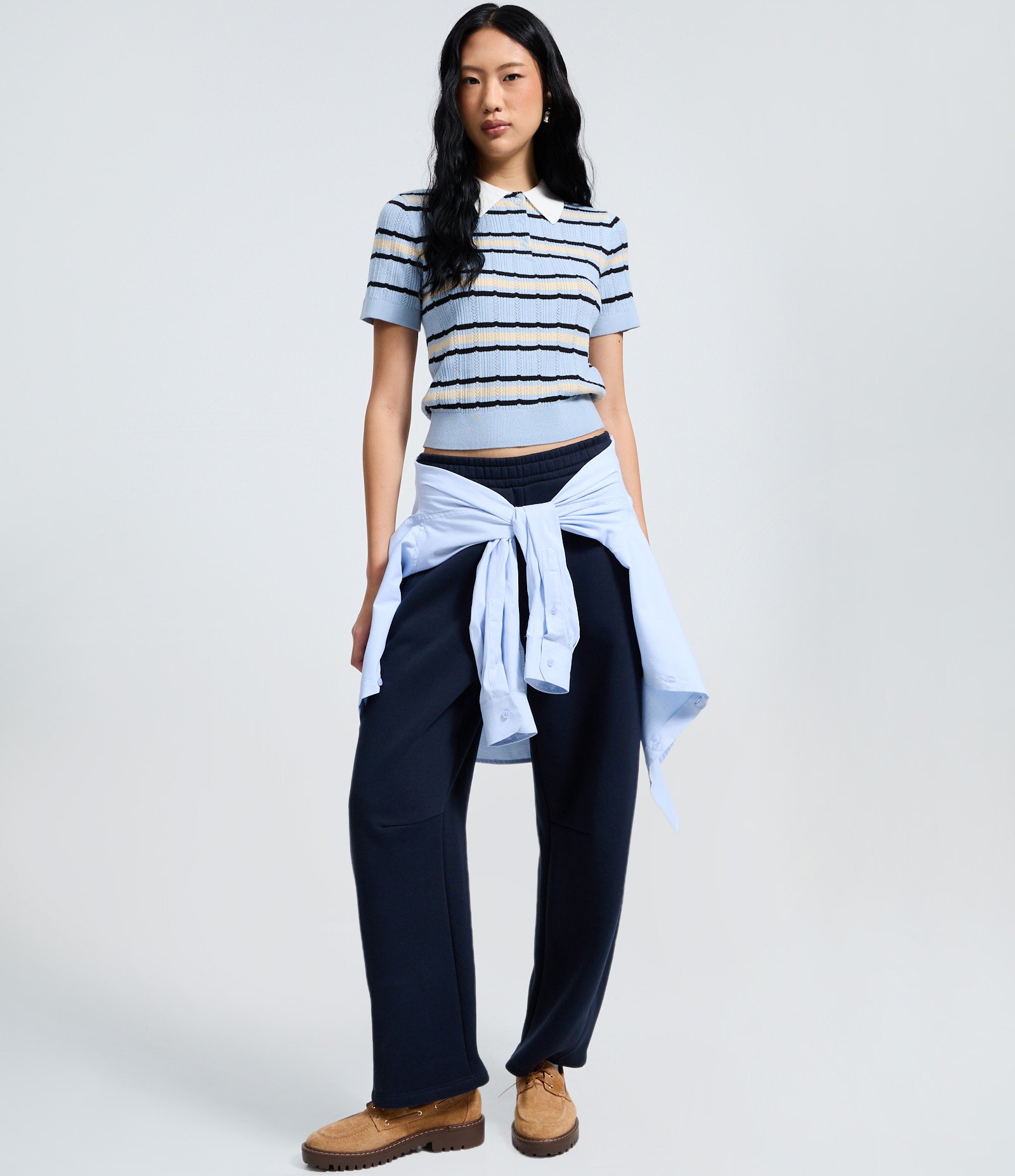 Blusa Listrado em Tricô com Gola Polo Azul 2