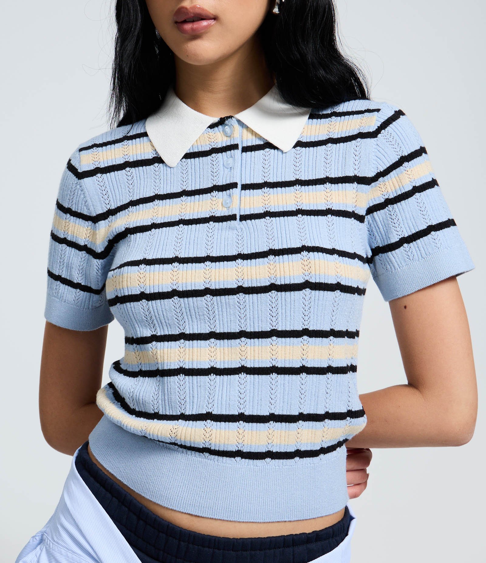 Blusa Listrado em Tricô com Gola Polo Azul 3