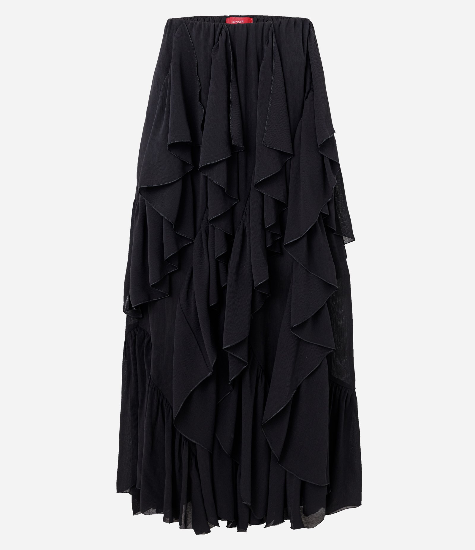 Saia Longa em Chiffon com Babados e Fenda Preto 7