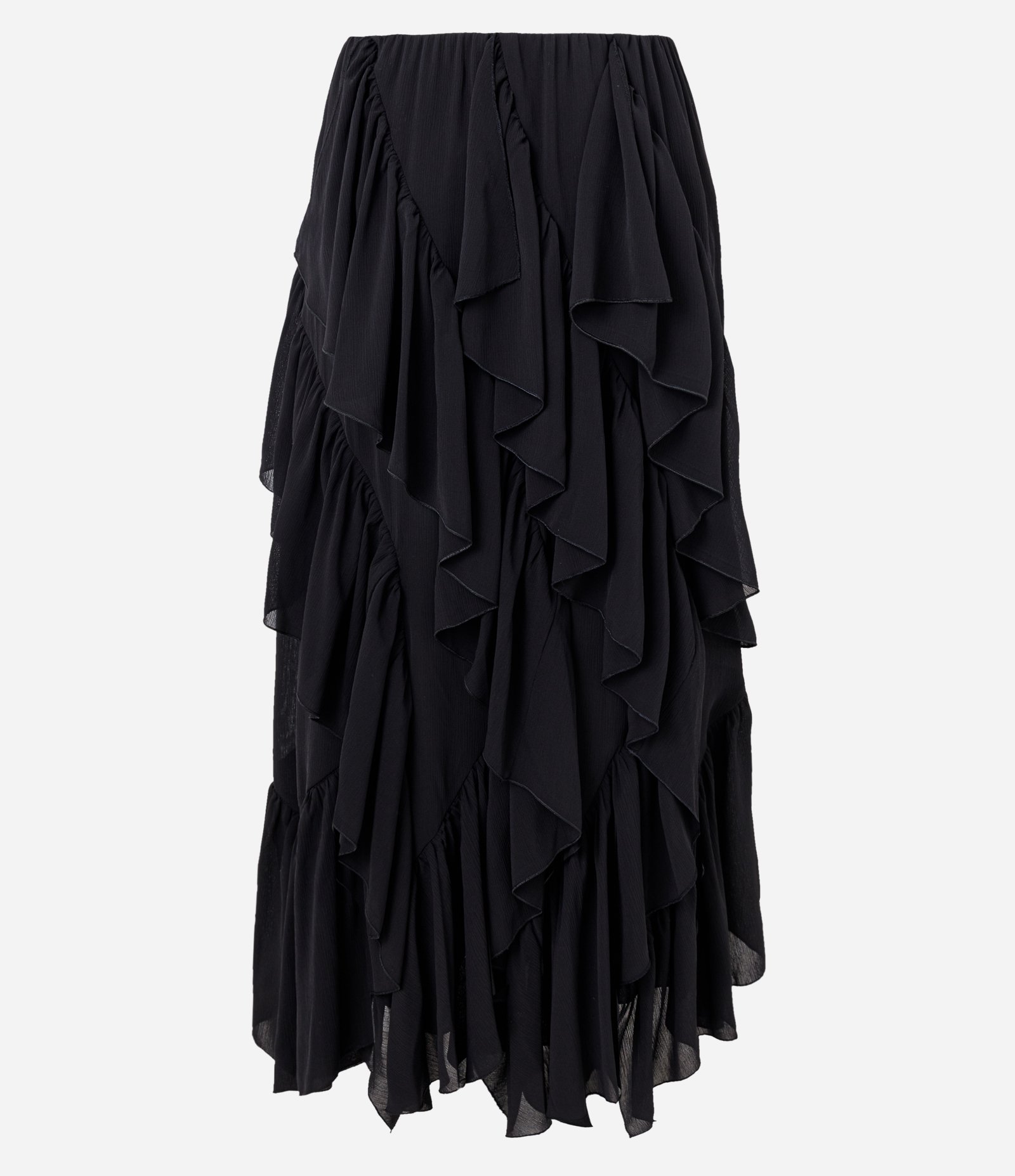 Saia Longa em Chiffon com Babados e Fenda Preto 8