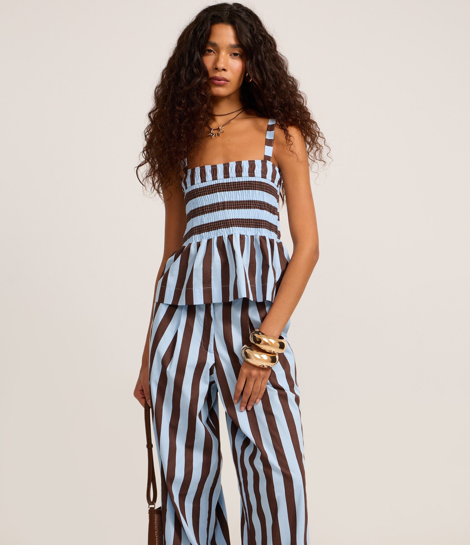 Calça Cintura Alta em Tricoline com Listras Verticais Azul/Marrom 2