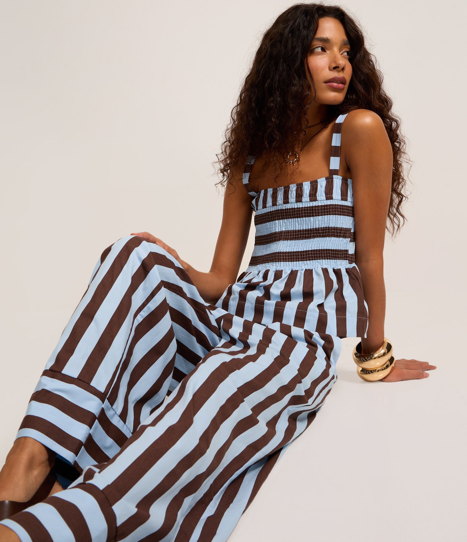 Calça Cintura Alta em Tricoline com Listras Verticais Azul/Marrom 5