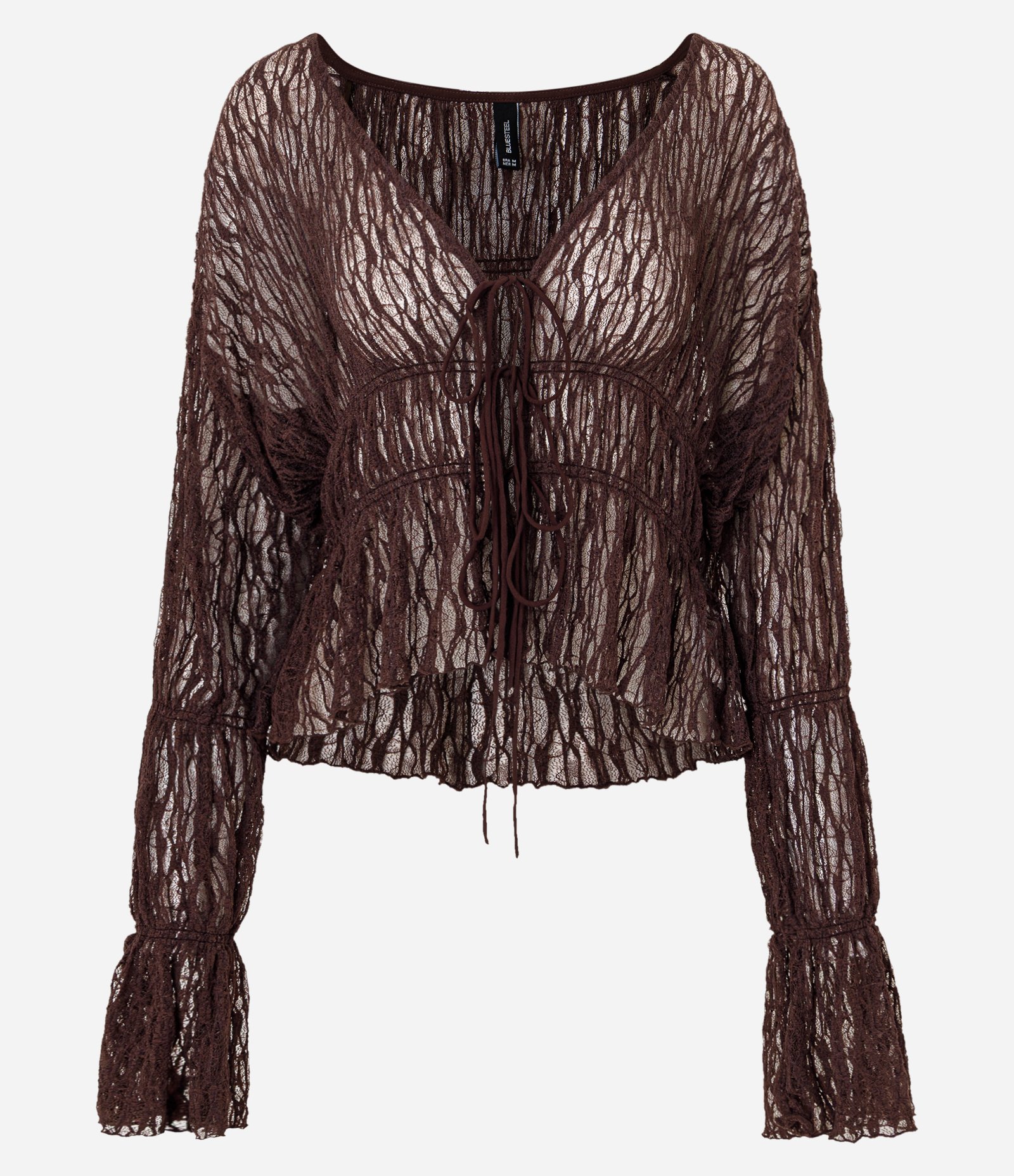 Blusa Renda Texturizada com Lacinhos e Manga Longa Marrom 7