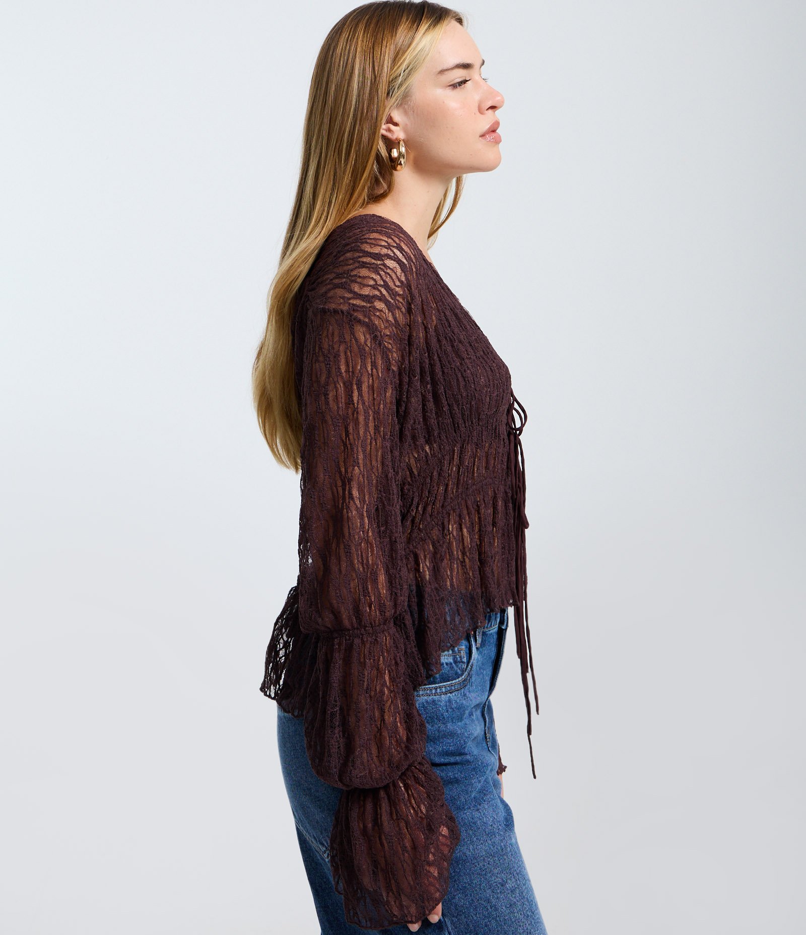 Blusa Renda Texturizada com Lacinhos e Manga Longa Marrom 5