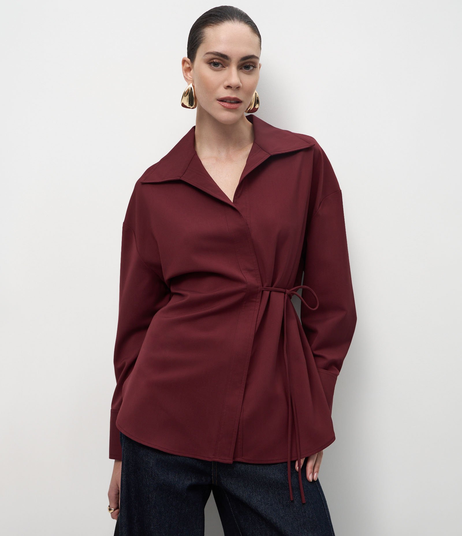 Camisa Oversized Alfaiatada com Amarração Transpassada Bordô 1
