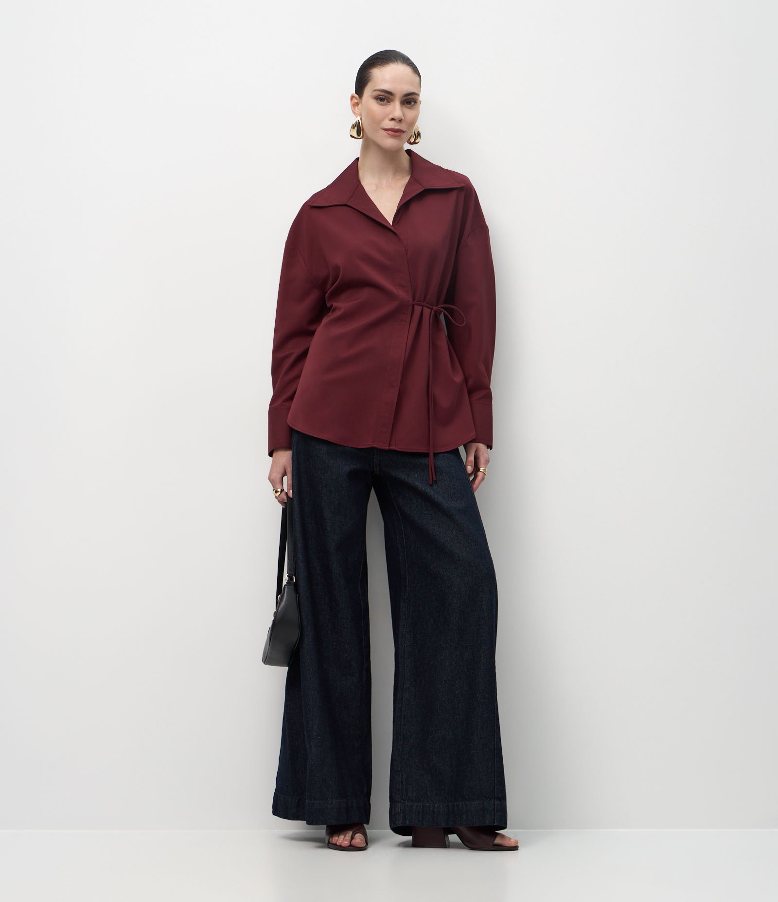 Camisa Oversized Alfaiatada com Amarração Transpassada Bordô 2