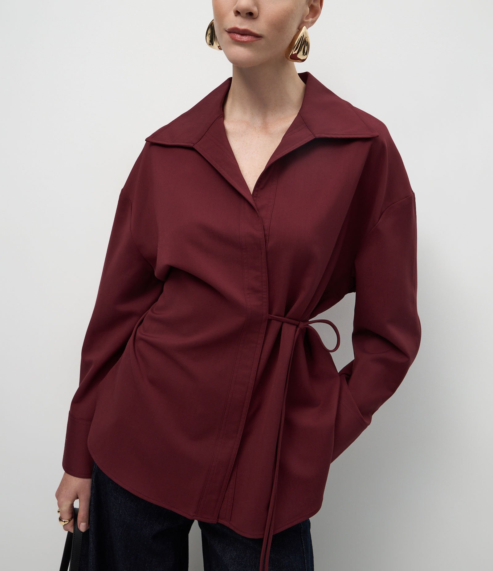 Camisa Oversized Alfaiatada com Amarração Transpassada Bordô 4