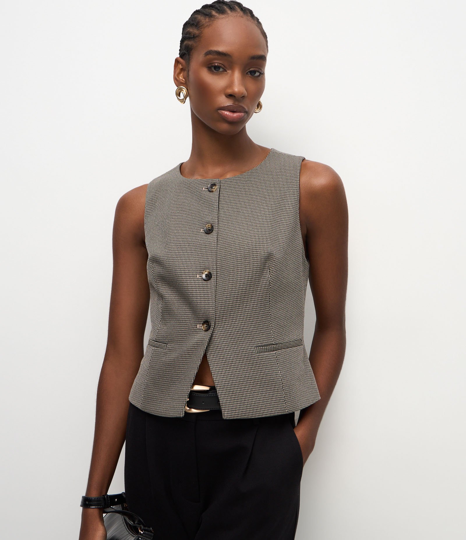 Colete Alfaiatado com Estampa de Mini Xadrez Cinza 1