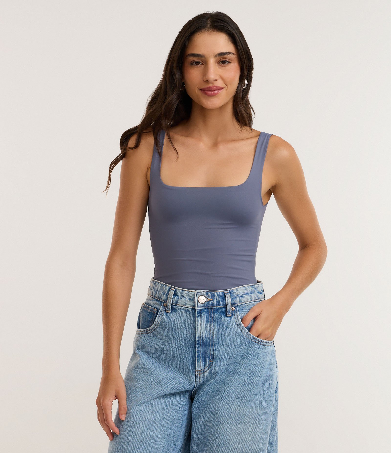 Body em Poliamida com Decote Quadrado Azul Grafite 1