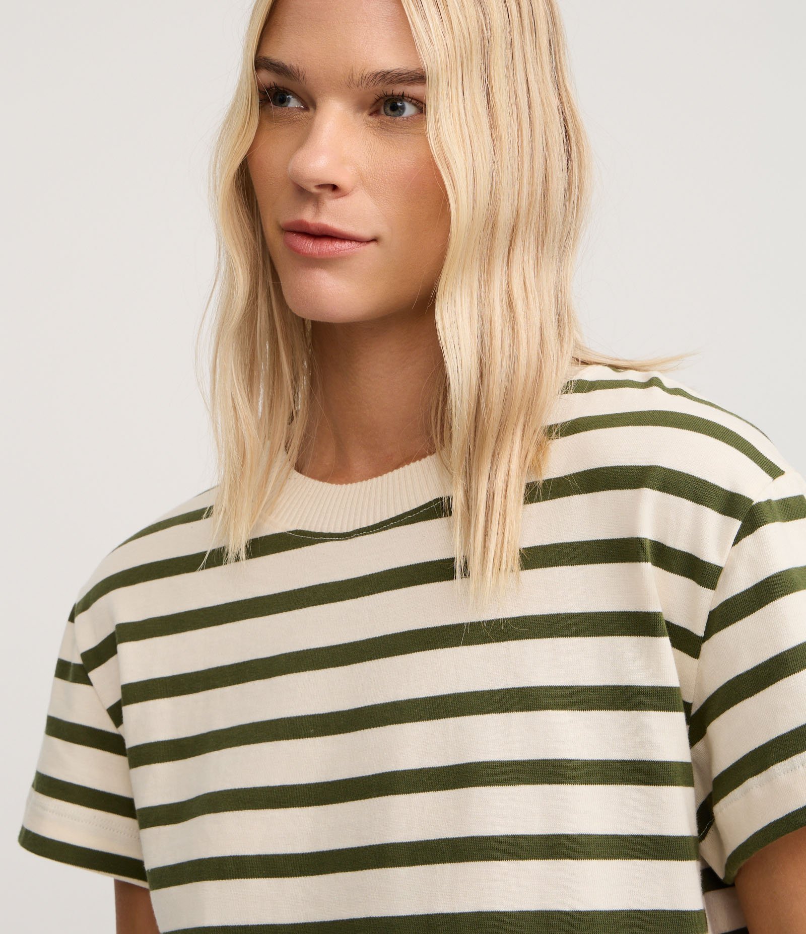 Camiseta Slim em Algodão Listrado com Gola Redonda Verde/Bege 3