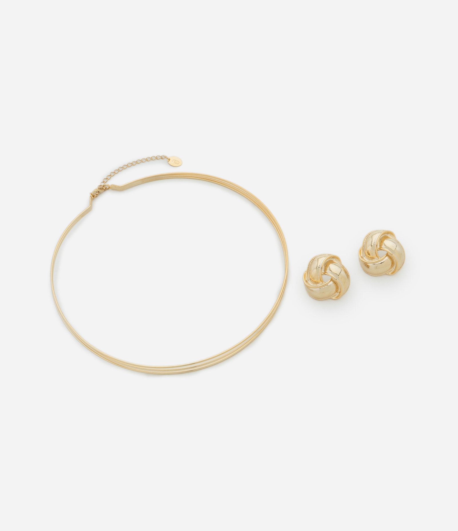 Conjunto de Colar Gargantilha Fio Aramado com Brinco Nó em Metal Liso Dourado 2