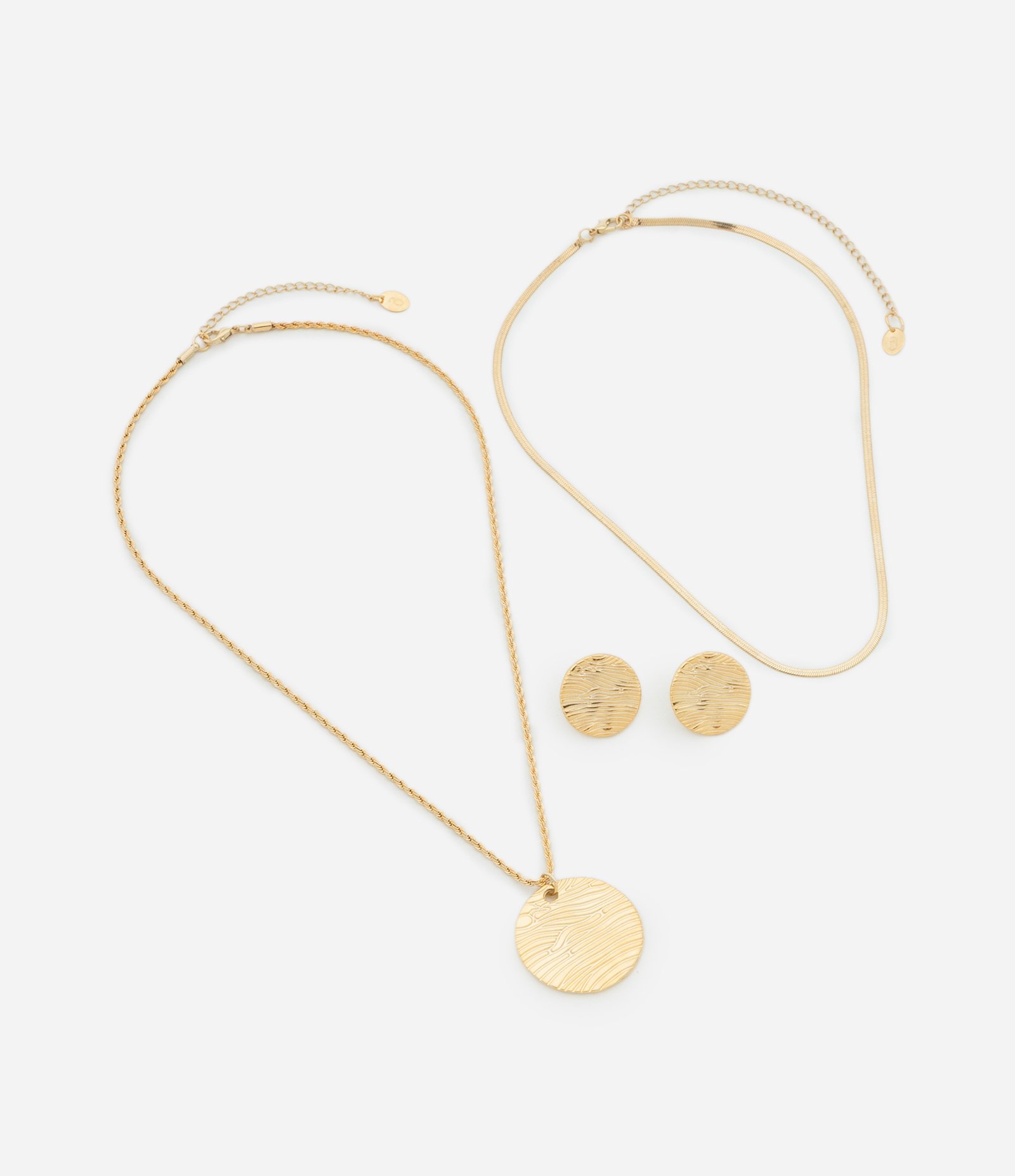 Conjunto de Colar Camadas Com Pingente Chapa e Brinco Botão Texturizado Dourado 2