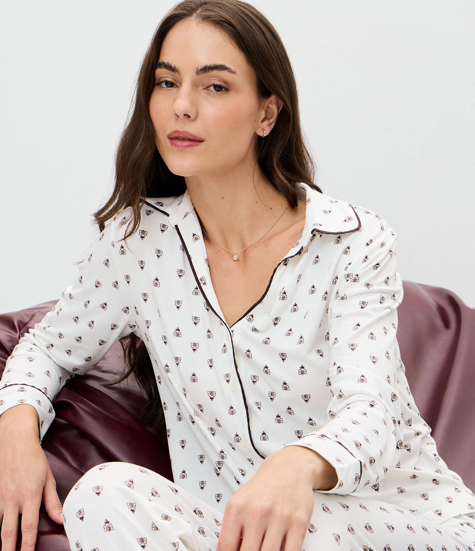 Pijama Longo Americano com Toque Suave e Estampa Gravataria Branco 1
