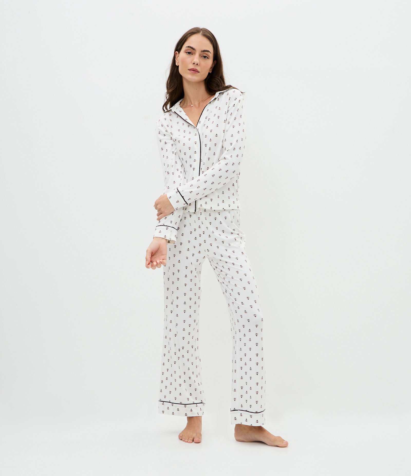 Pijama Longo Americano com Toque Suave e Estampa Gravataria Branco 2