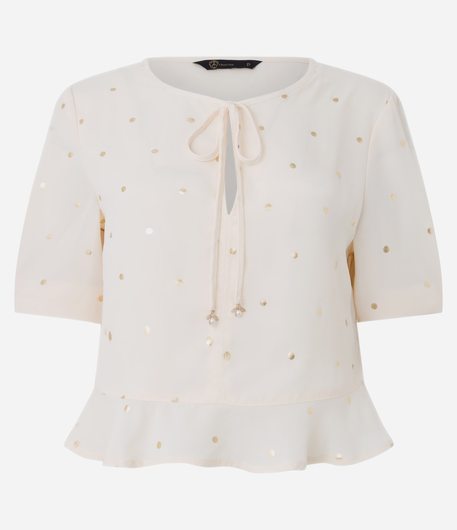 Blusa em Chiffon com Estampa Poá e Amarração Frontal Bege 5