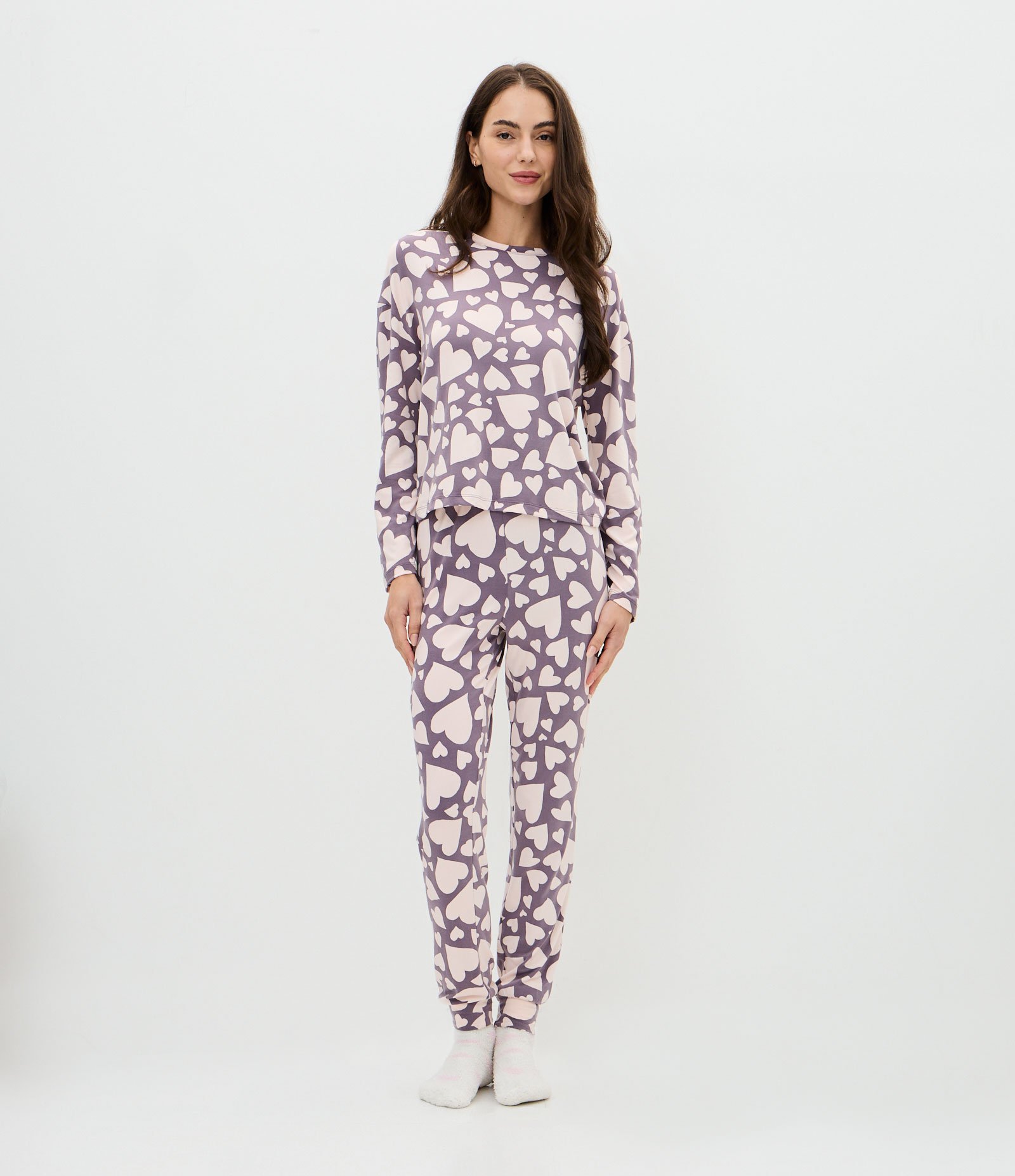 Pijama Longo em Peach Touch com Estampa de Coração Roxo 1