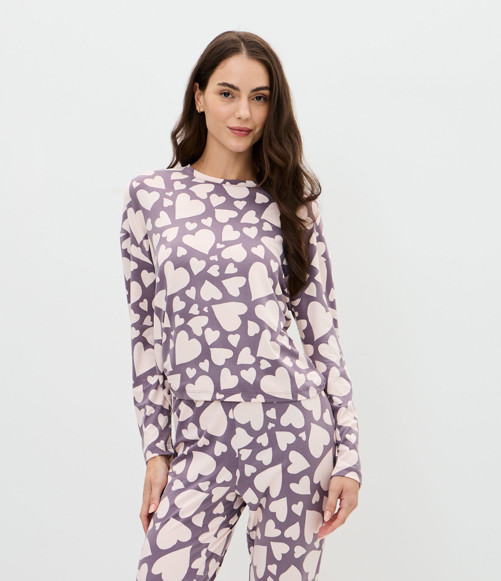 Pijama Longo em Peach Touch com Estampa de Coração Roxo 2