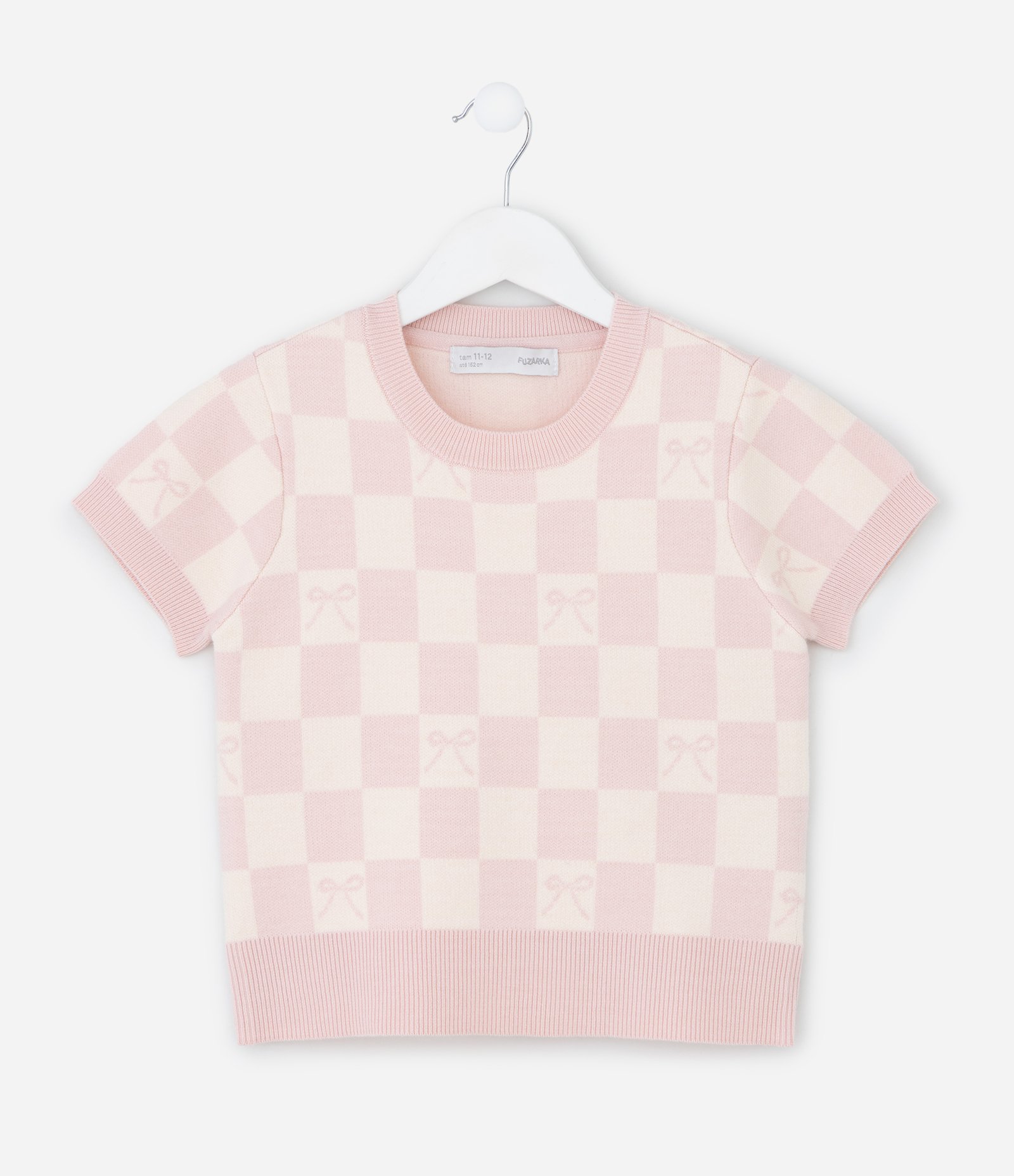 Camiseta Infantil em Jacquard Xadrez com Laços – Tam 5 a 14 Anos Rosa Claro 1
