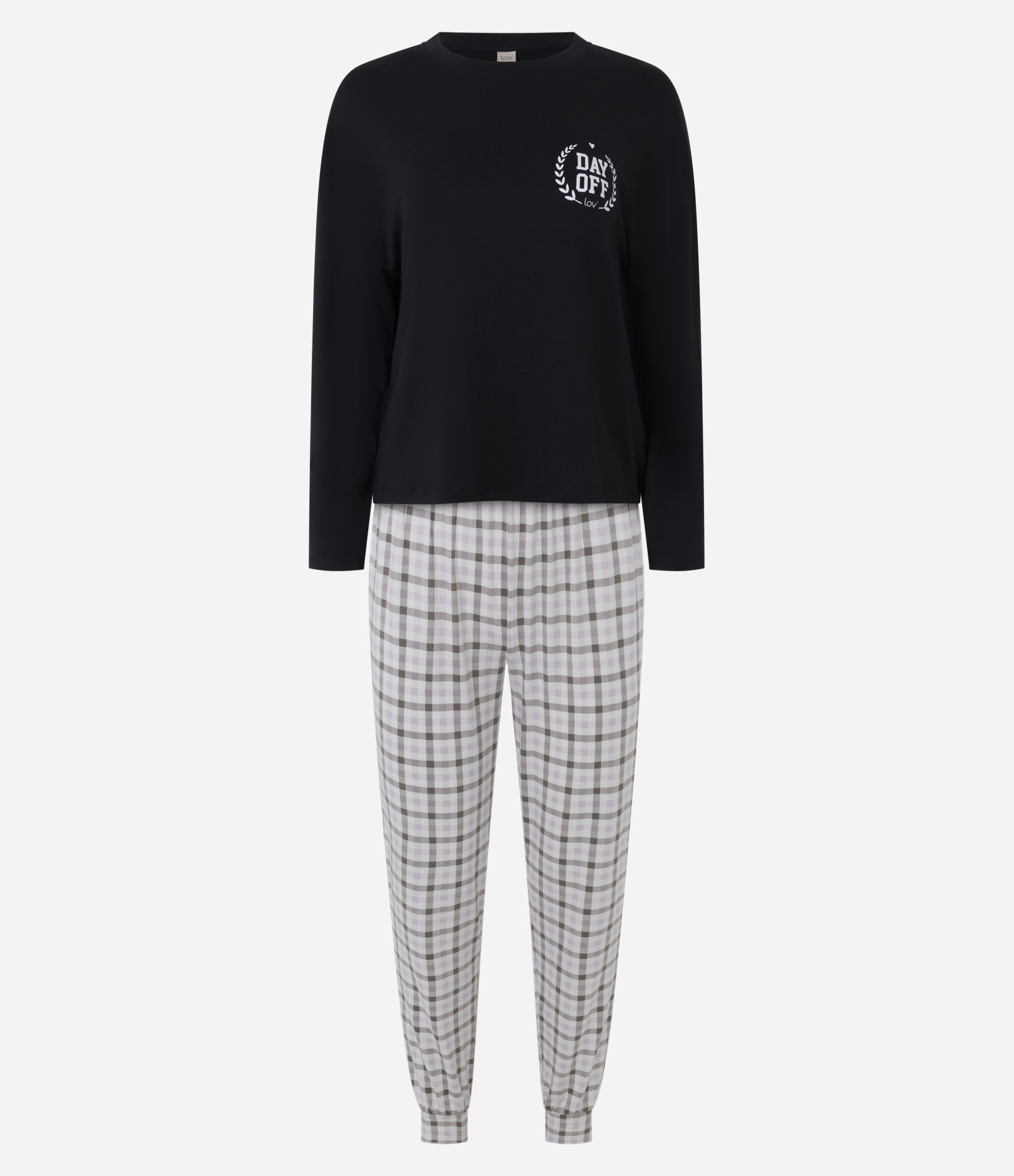 Pijama Longo em Peach Touch com Estampa Xadrez Preto 1