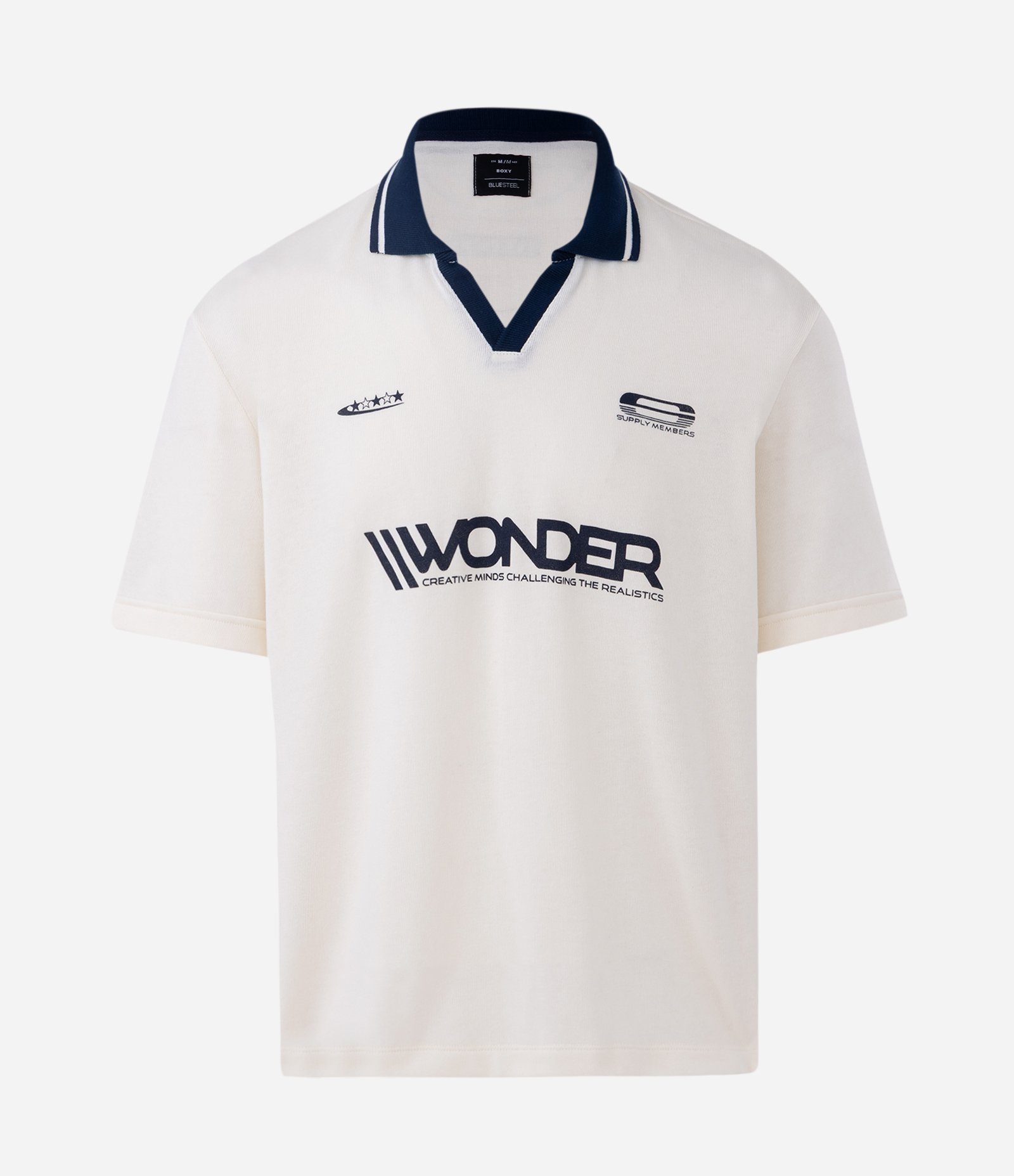 Camiseta Boxy Esportiva em Algodão com Gola Polo Contrastante e Estampa Wonder Off White 1