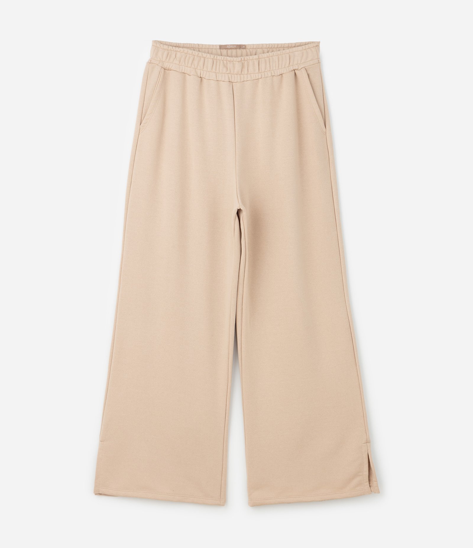 Calça Wide Leg de Moletom Esportiva com Abertura Lateral Curve & Plus Size Bege 1