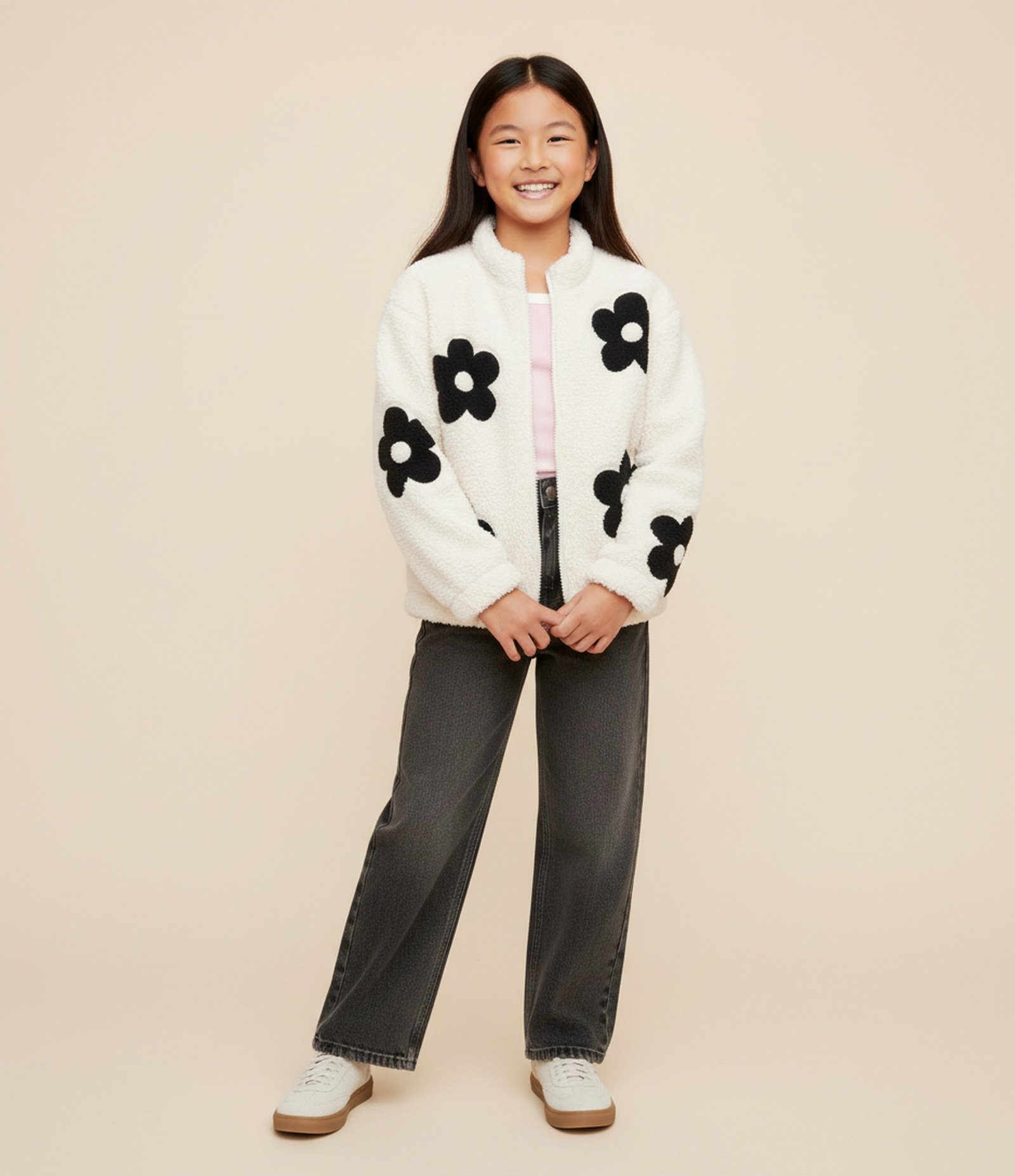 Jaqueta Infantil em Sherpa com Flores Bordadas – Tam 5 a 14 Anos Off White 1