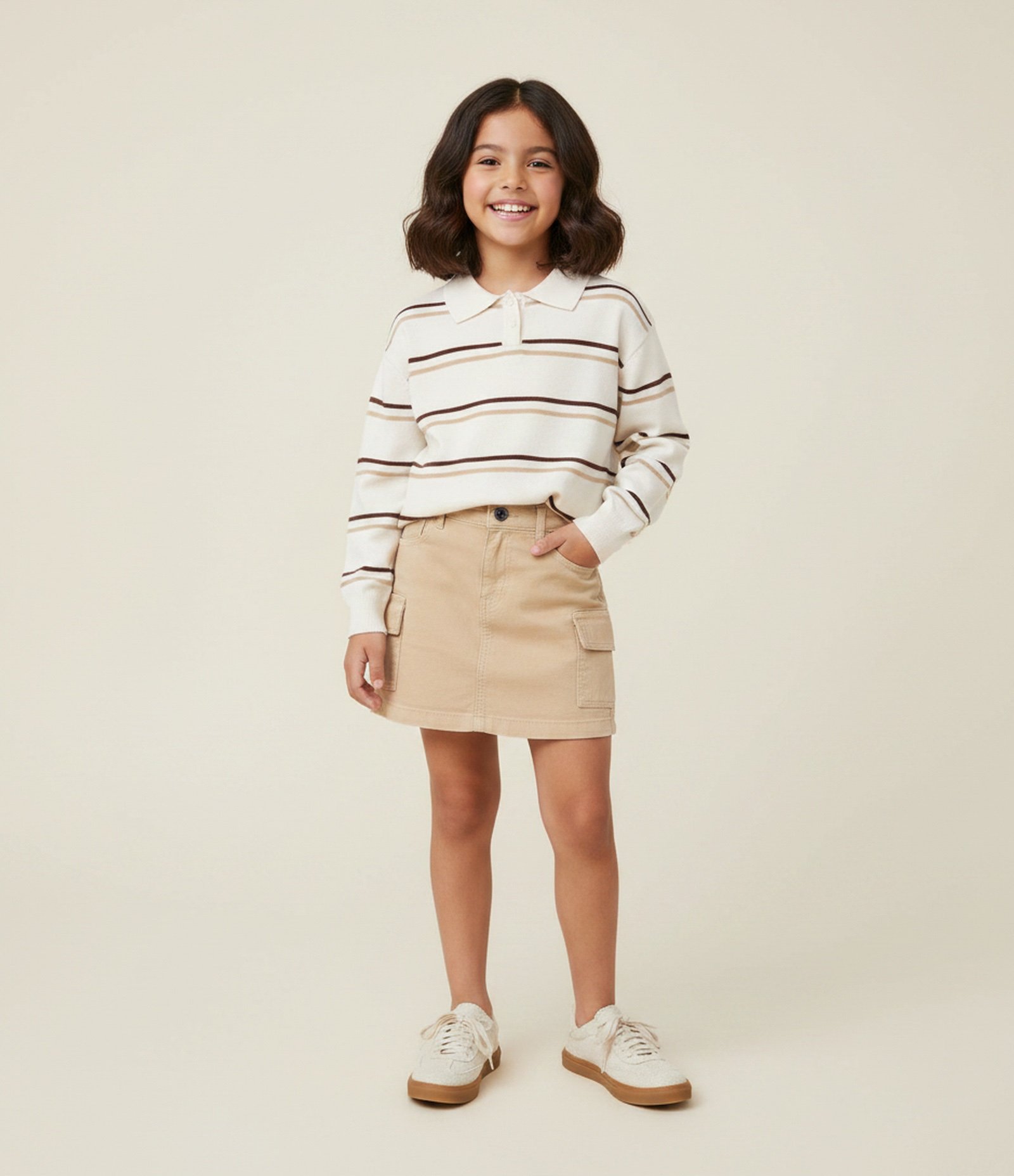 Casaco Tricô Listrado com Gola Polo - Tam 5 a 14 Anos Off White 1