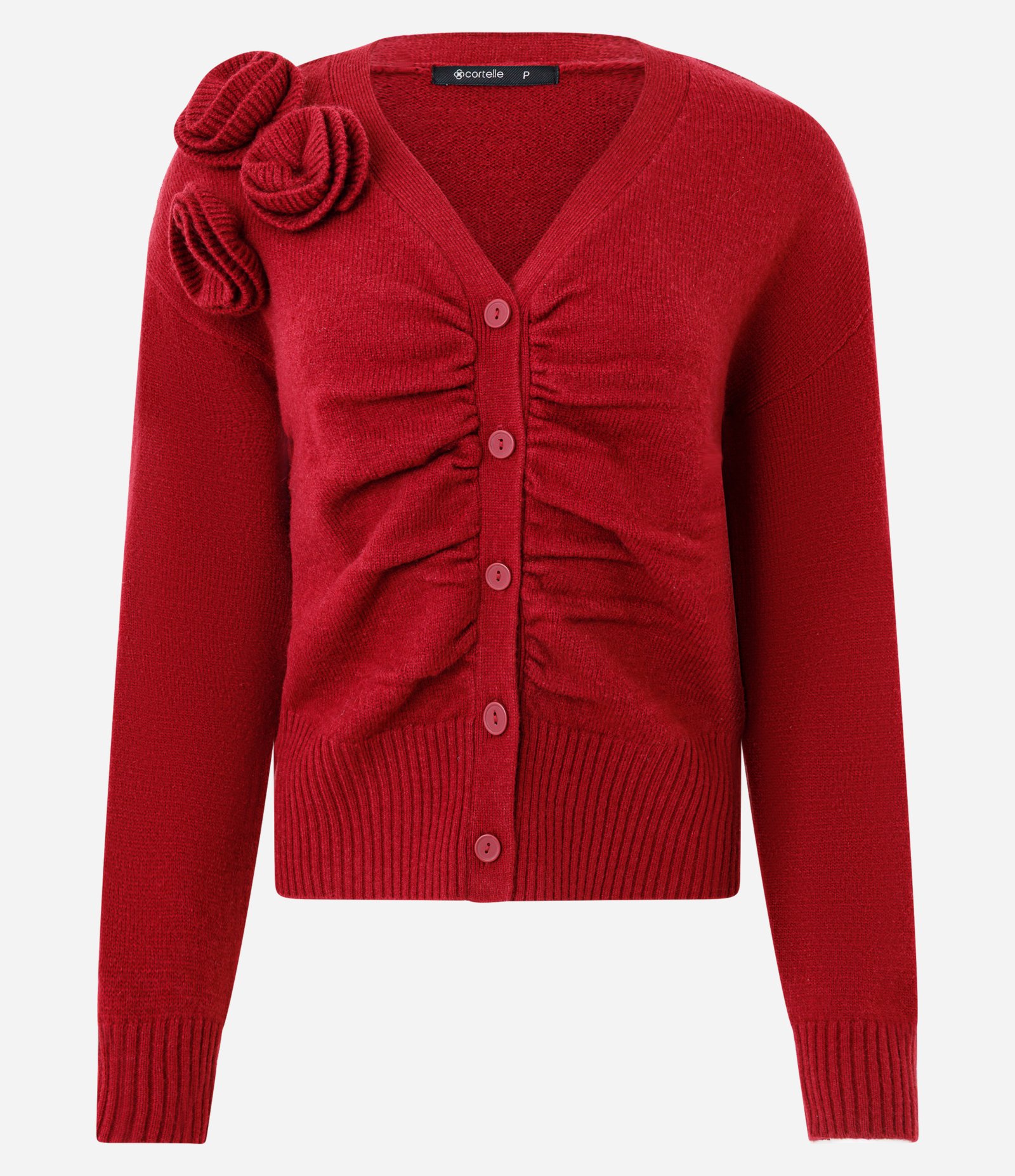 Cardigan em Tricô com Flor Aplicada no Ombro Vermelho 1