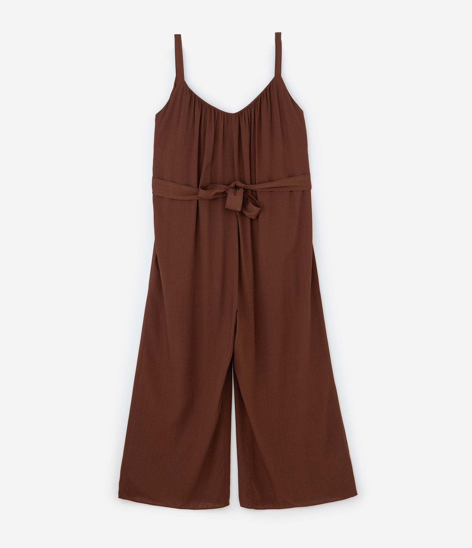 Macacão Longo Franzido com Faixa Curve & Plus Size Marrom 1