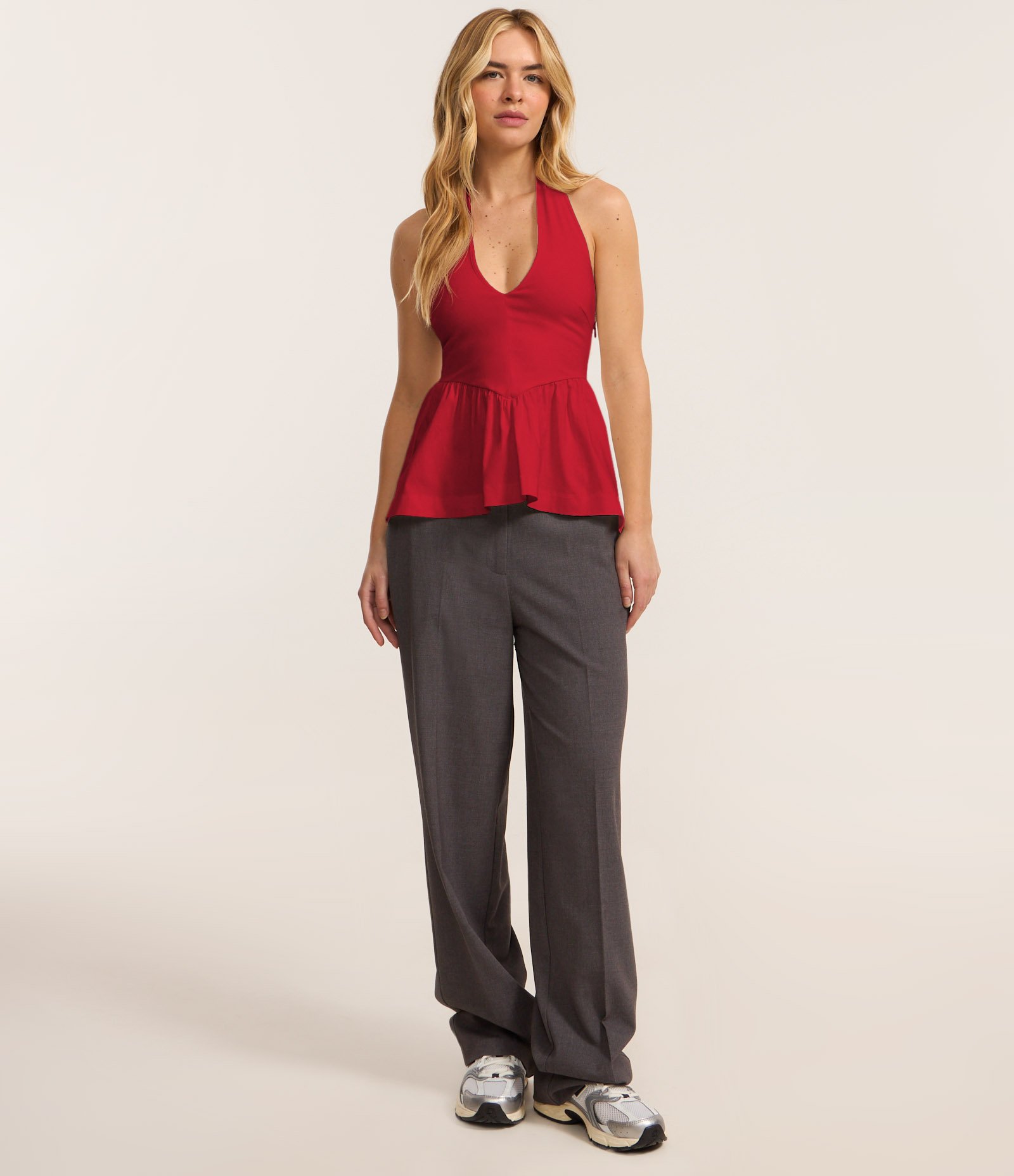 Top Peplum Frente Único Corsetado em Bengaline Vermelho 2