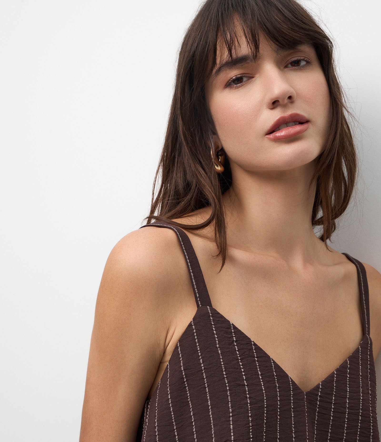 Blusa com Alças Largas e Estampa Listras em Fio Tinto Marrom 3