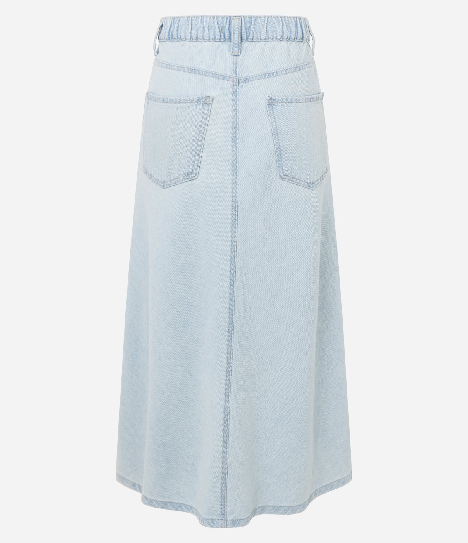 Saia Midi Evasê em Jeans com Recorte no Viés Delavê 2