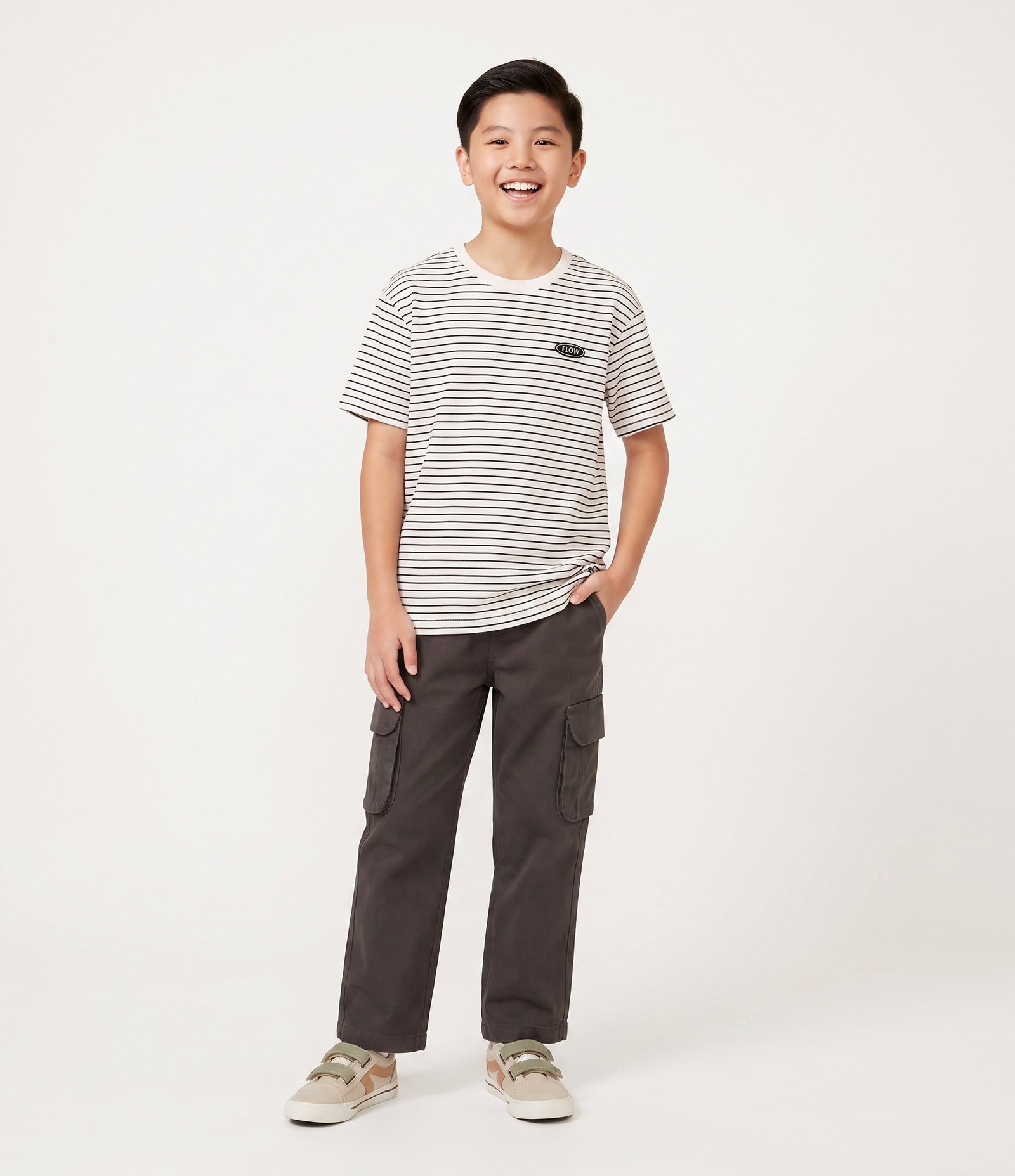 Calça Infantil Baggy Em Sarja Com Bolsos Cargo - Tam 5 a 14 Anos Cinza 1