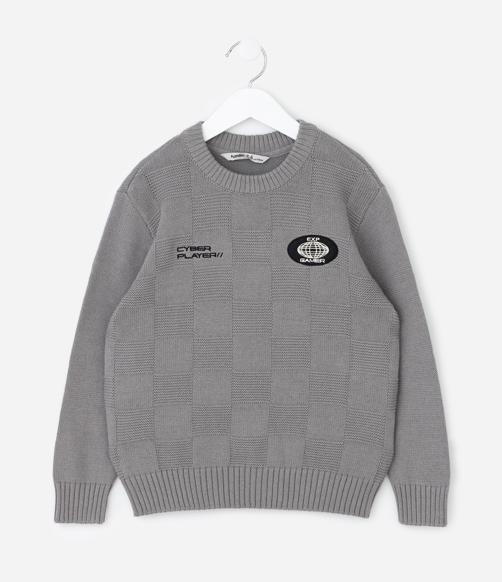 Casaco Infantil em Efeito Tricô Texturizado com Patch e Bordado – Tam 5 a 14 Anos Cinza 1
