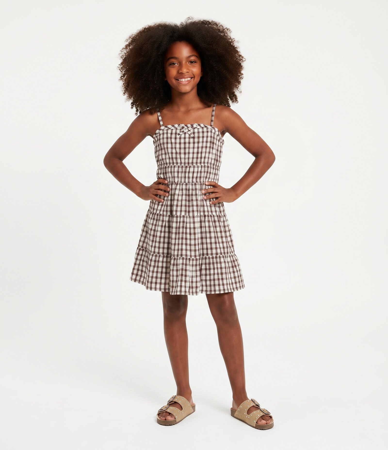 Vestido Infantil com Babados e Estampa Xadrez - Tam 5 a 14 anos Marrom 1