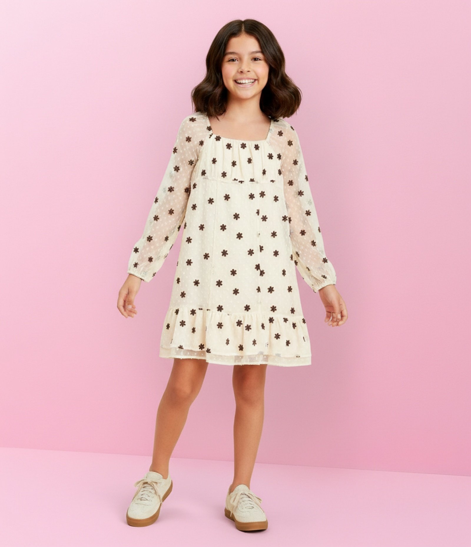 Vestido Infantil em Chiffon Texturizado com Flores Bordadas – Tam 5 a 14 Anos Bege Claro 1