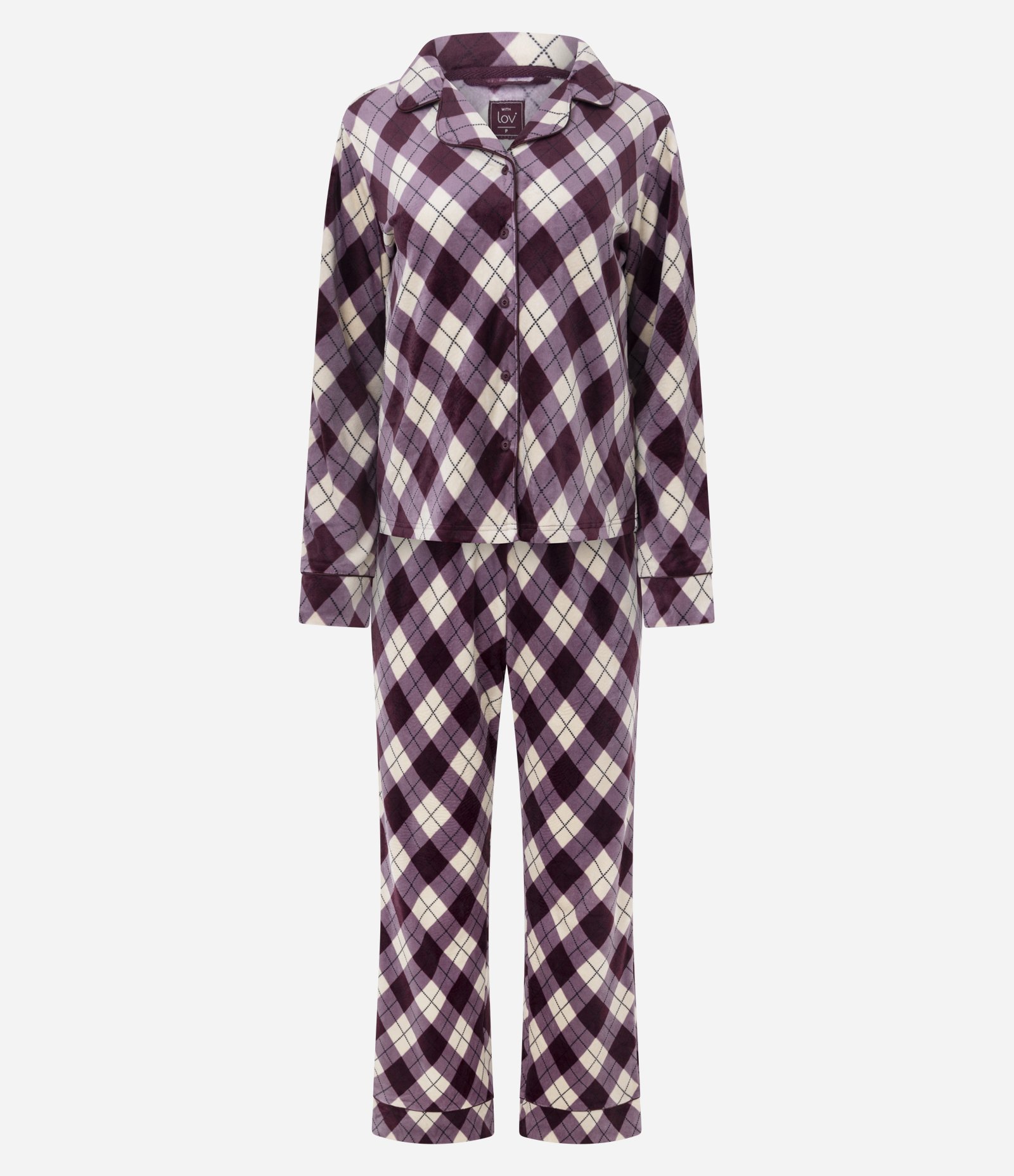 Pijama Longo Americano em Plush em Xadrez Argyle Vinho 4