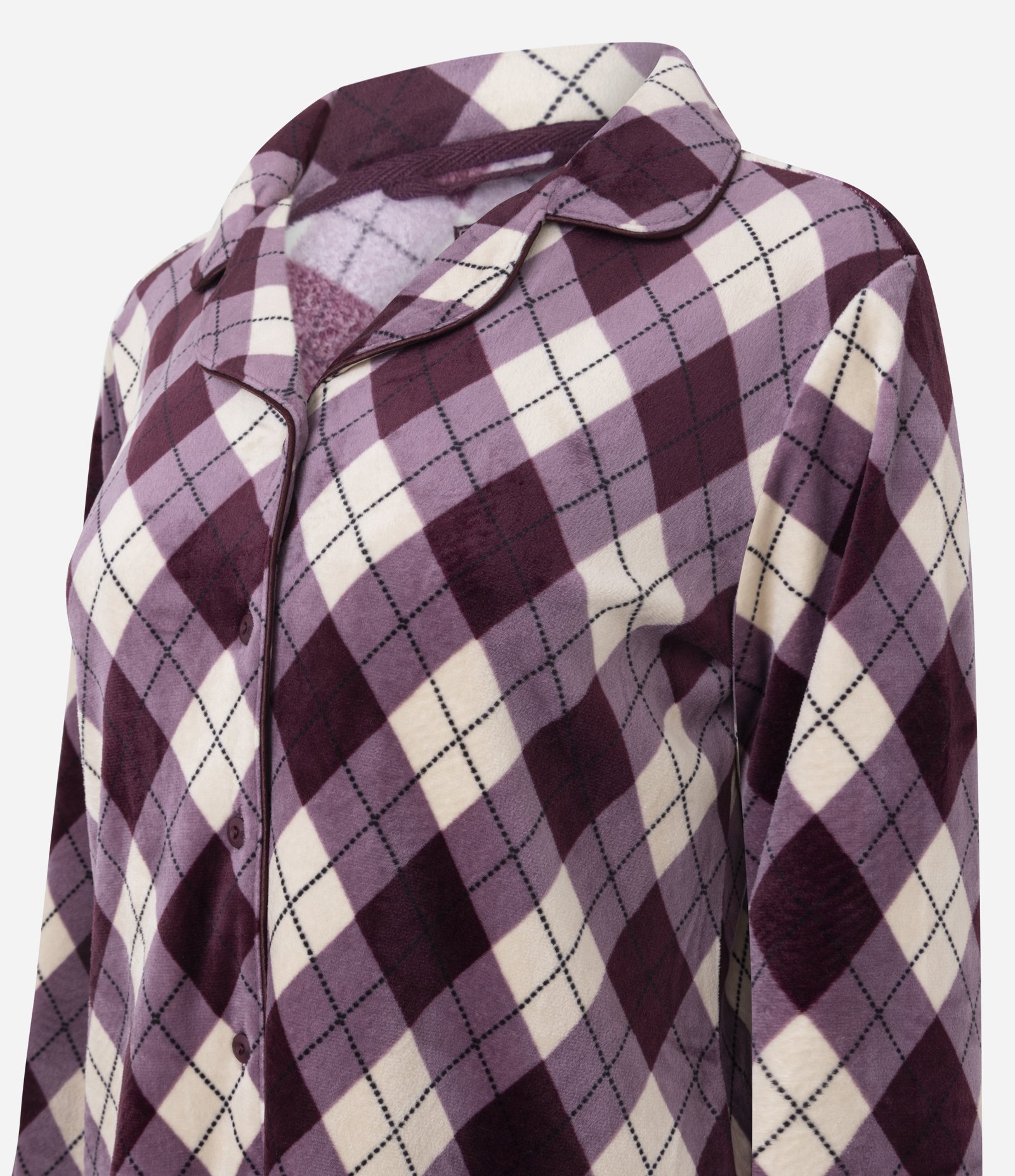 Pijama Longo Americano em Plush em Xadrez Argyle Vinho 5