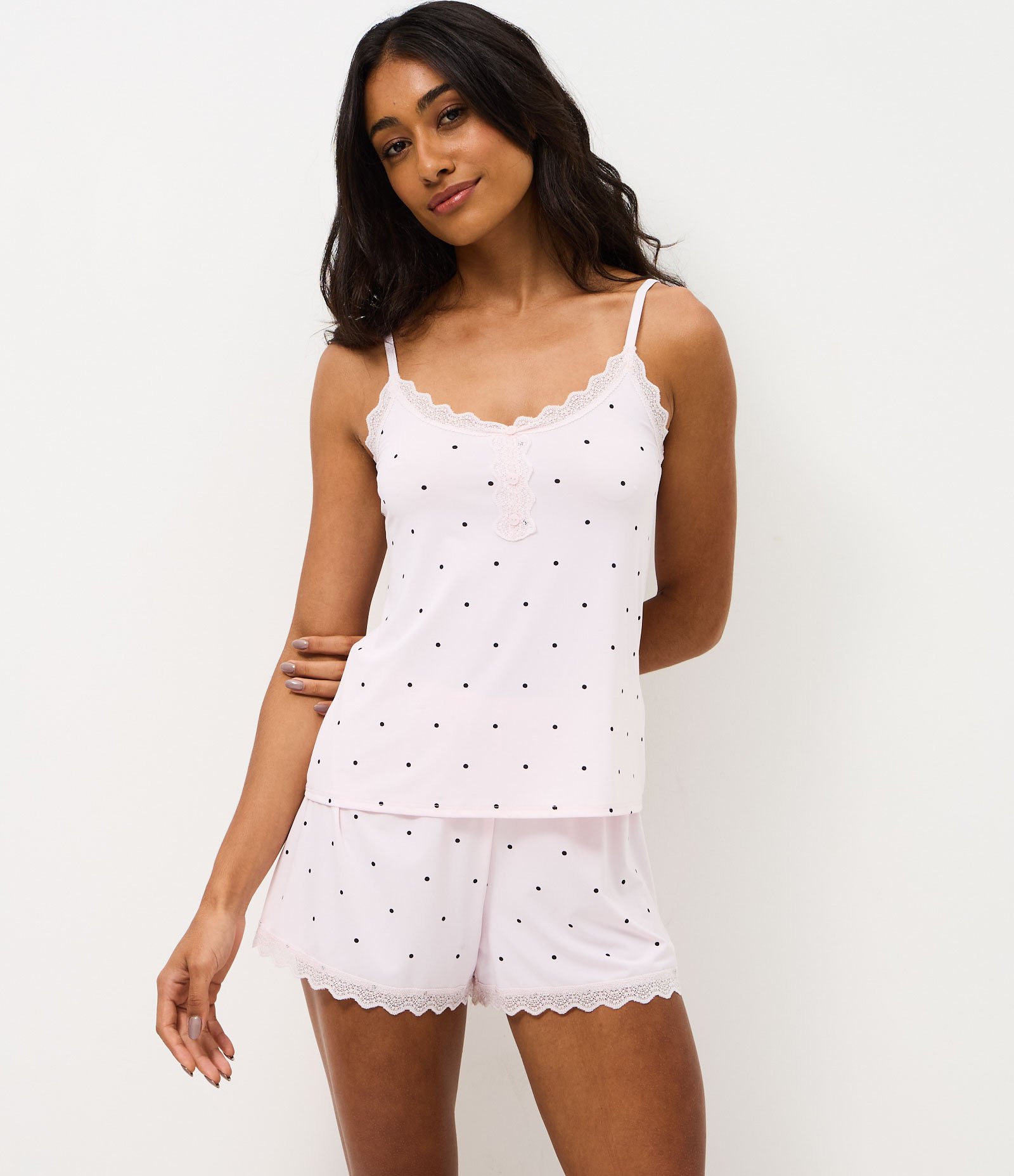 Pijama Short Doll com Estampa Poá e Rendinha Lilás 1