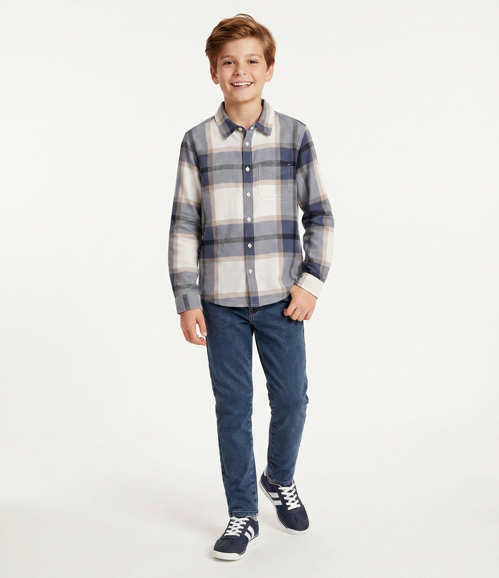 Camisa Infantil em Flanela com Estampa Xadrez e Bolso – Tam 5 a 14 Anos Azul /Bege 1